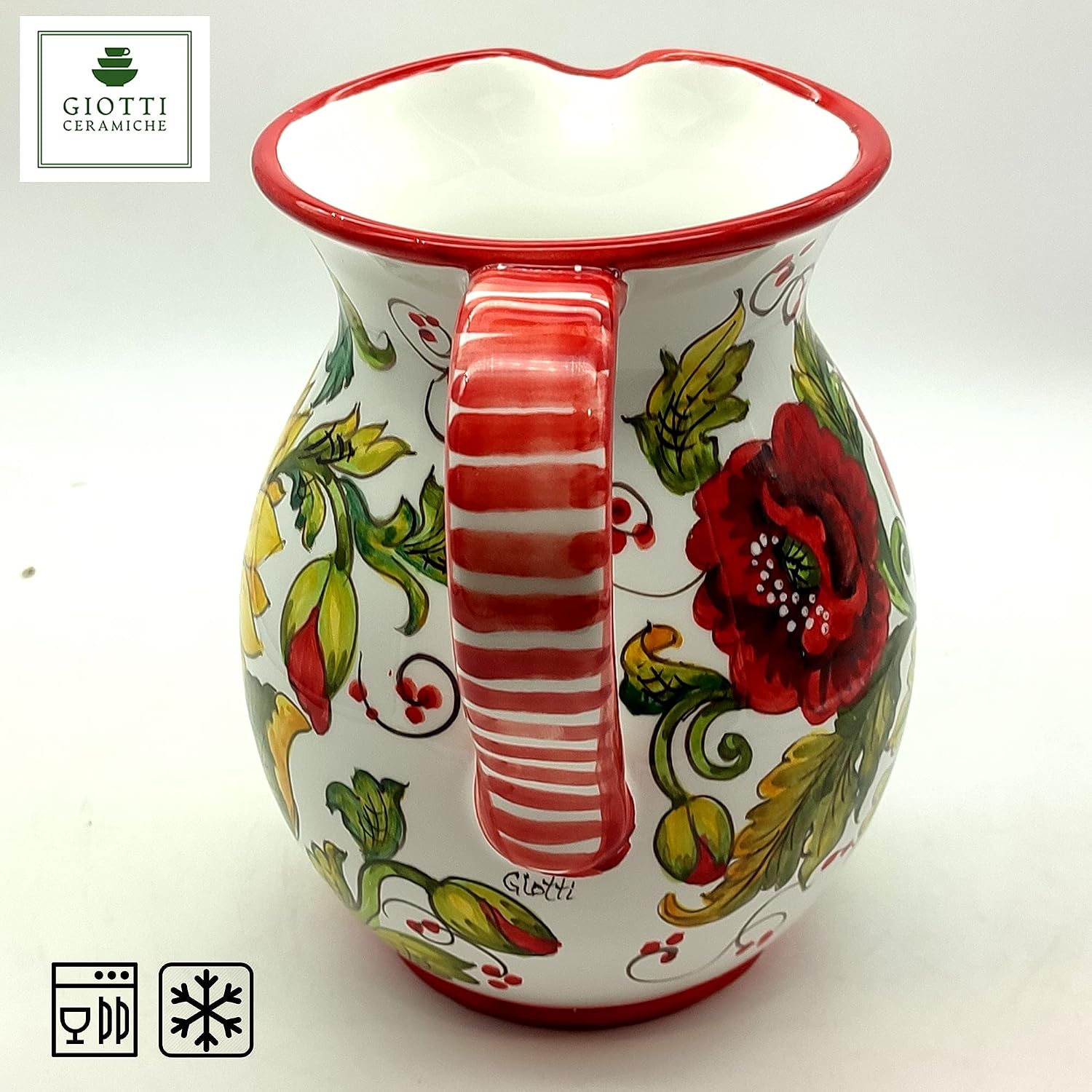 Italian Ceramic Pitcher Poppies Sanflower - 33 oz Hand Painted Utensil Holder Or Carafe Design for Kitchen - Made in ITALY Tuscany - Italian Pottery Vase Jar for Wine - Home Decor Ceramics