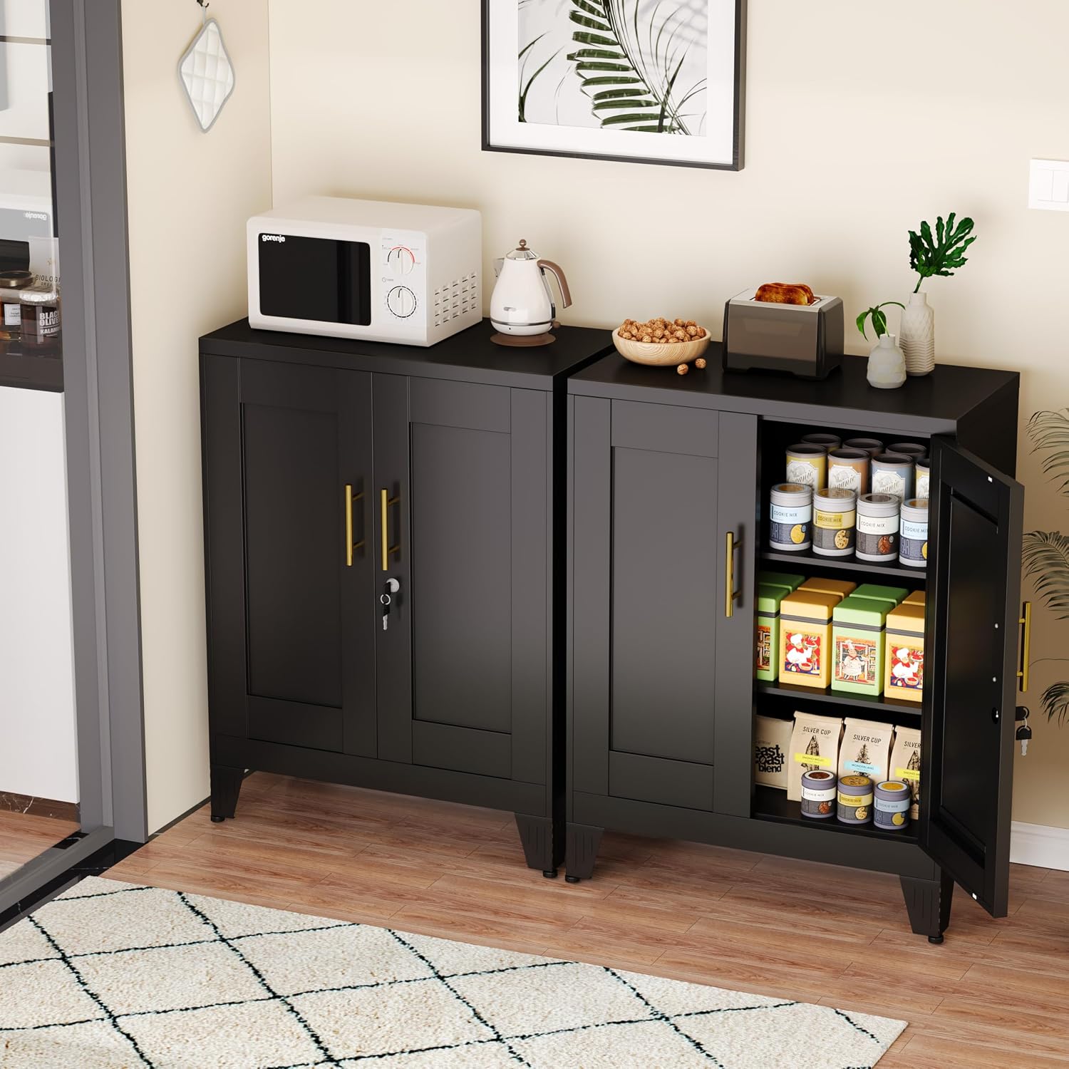 GAIOUS Black Metal File Cabinet with Lock (Two Units), Steel Storage Cabient with 2 Doors and 2 Adjustable Shelves, Multifunctional Locked Cabinet for Home/Office/Garage/Tool Room, Accent Furniture