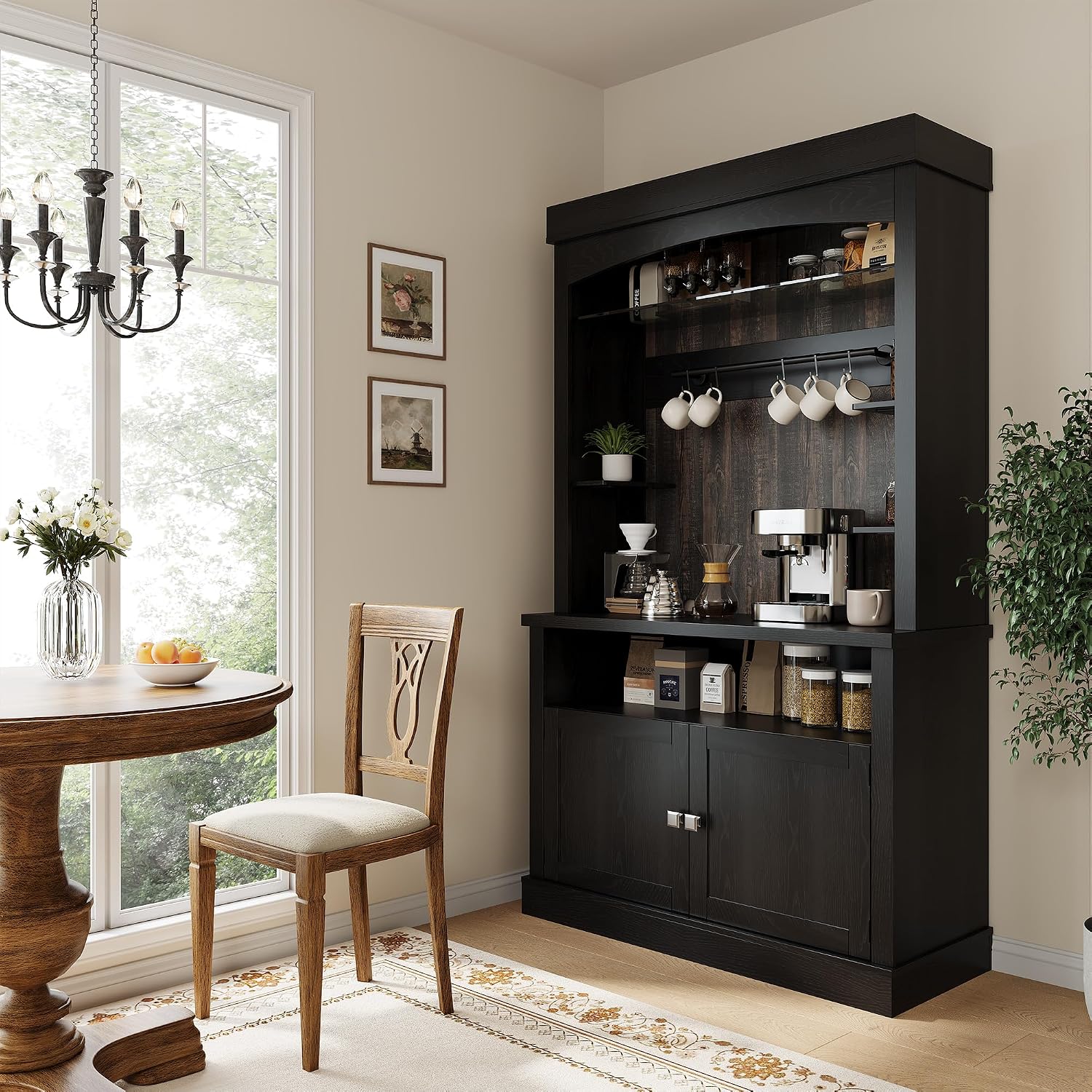 GarveeHome Coffee Bar Cabinet with LED Lights,72 '' Tall Buffet Cabinet with Storage,Farmhouse Kitchen Sideboard Tall Coffee Hutch with Microwave Stand/Wine Rack/Glass Shelf Dining Room (Black)