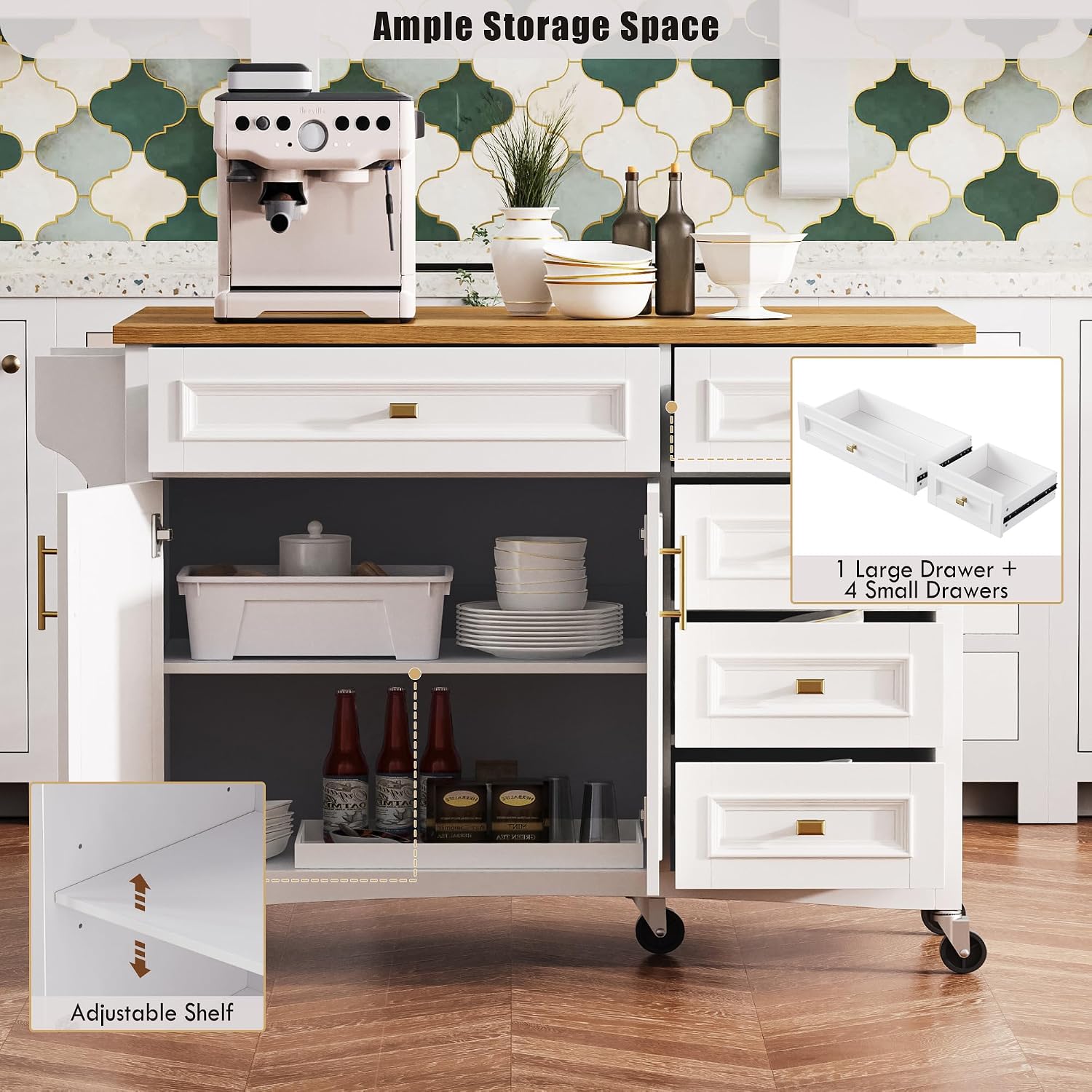 52' Kitchen Island Cart with Drop Leaf, Embossed Texture Kitchen Storage on Wheels with Spice Rack, Towel Rack, 5 Drawers, 2 Doors, Adjustable Shelf for Kitchen, Dining Room White
