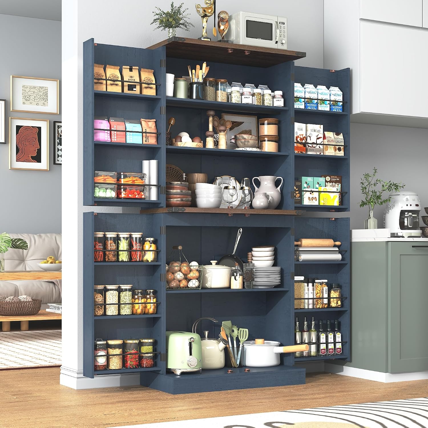 71' Tall Kitchen Pantry Cabinet, Farmhouse Tall Kitchen Storage Cabinet with Adjustable Shelves & 4 Barn Style Doors, Wooden Storage Cabinet for Kitchen, Dining Room, Living Room, Bathroom, Office