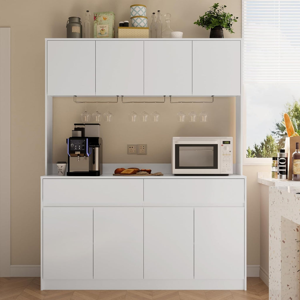 Mekminop Kitchen Hutch Storage Cabinet, 63' W Large Pantry Cabinets with Microwave Oven Countertop, Freestanding Kitchen Pantry Storage Cabinet with 4 Doors, 2 Drawers and 7 Shelves, White
