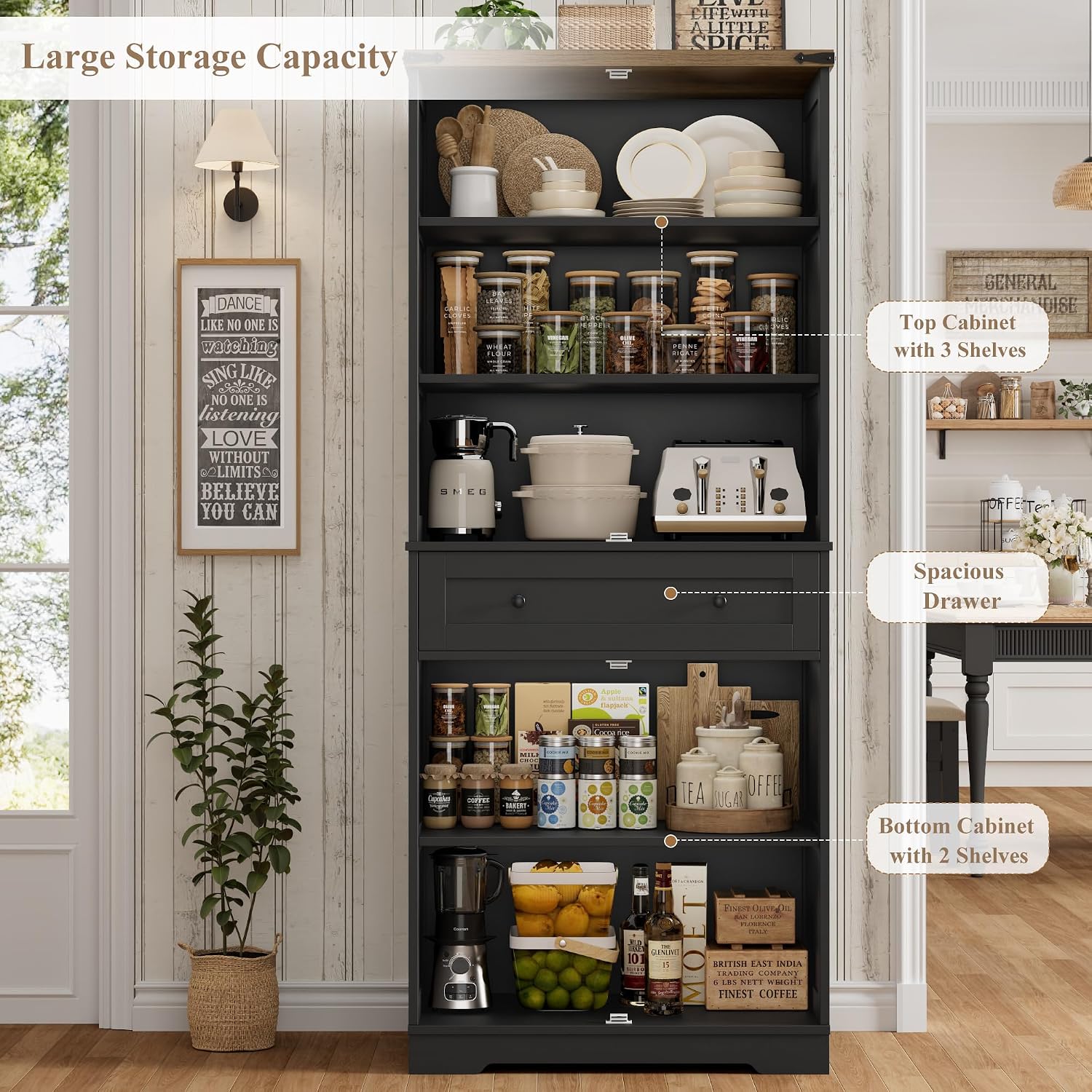 HOSTACK 71' Tall Pantry Cabinet, Farmhouse Kitchen Pantry with Storage Shelves, Barn Doors Food Storage Cabinet, Freestanding Kitchen Hutch with Large Drawer for Dining Room, Living Room, Black