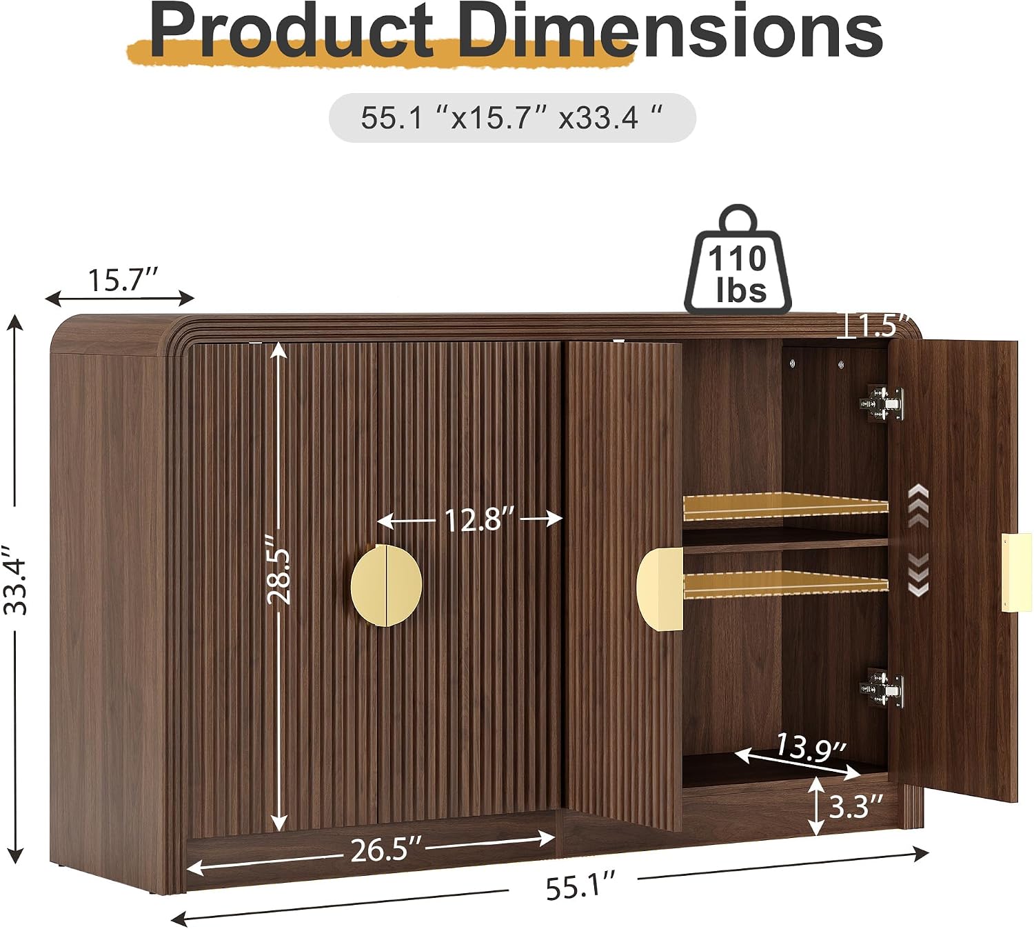 Decofy 55' Buffet Sideboard Cabinet, Mid Century Modern Console Cabinet with Wavy Grain Doors & Adjustable Shelves for Kitchen Cabinets, Living Room, Entryway, Coffee Bar Cabinet, Walnut