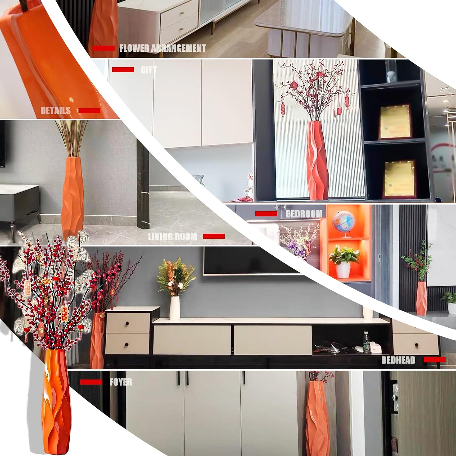 Vases Large Floor Vase,Orange Ceramic Vase,Decorative Tall Flower Holder for Living Room, Home Décor Dried Flower Arrangement Ideal Gift (Color : Orange, Size : 61cm)