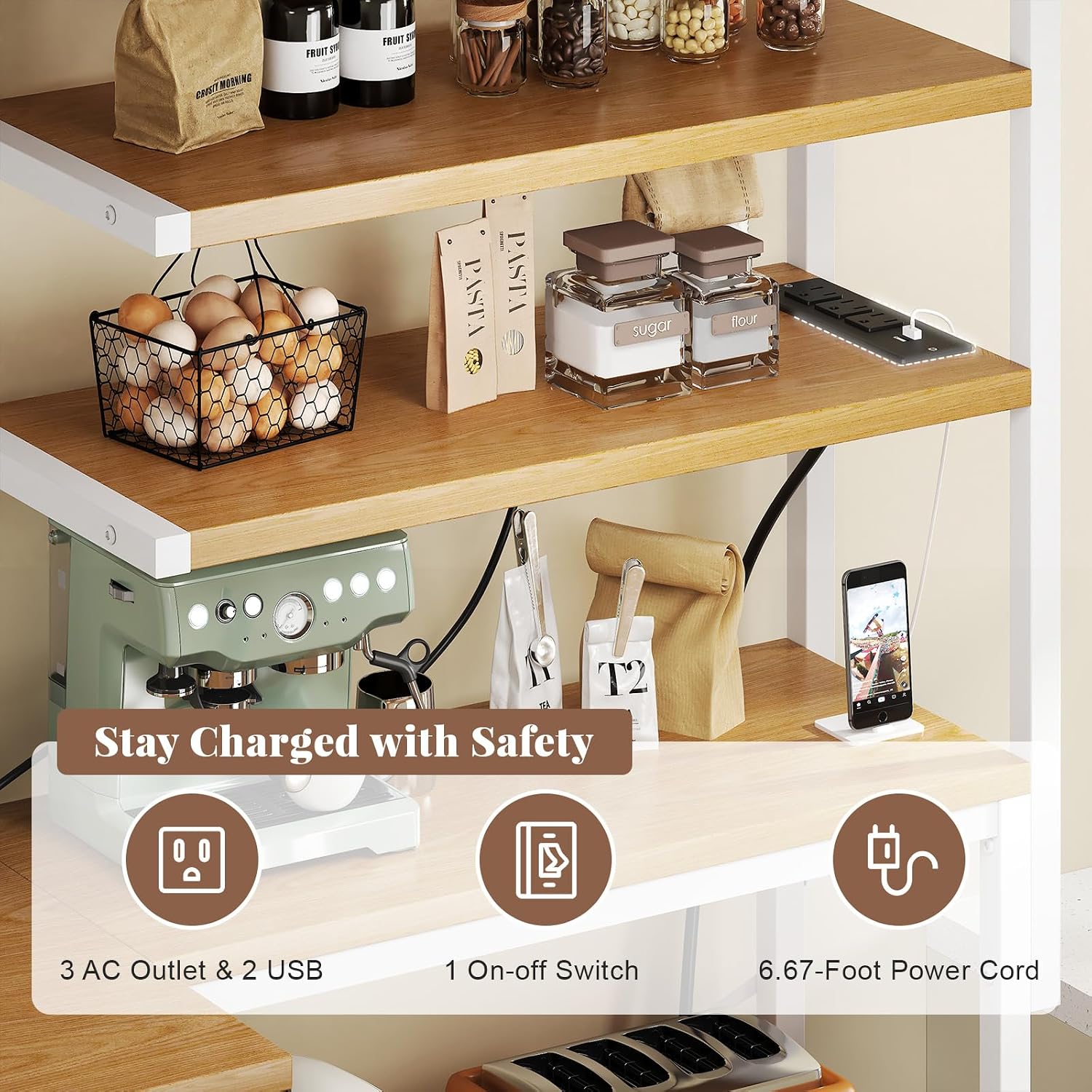 L-Shaped White Bakers Rack with Power Outlet, Kitchen Storage Rack with Hooks, Wire Shelf with Open Storage, Mesh Grid, Wire Basket