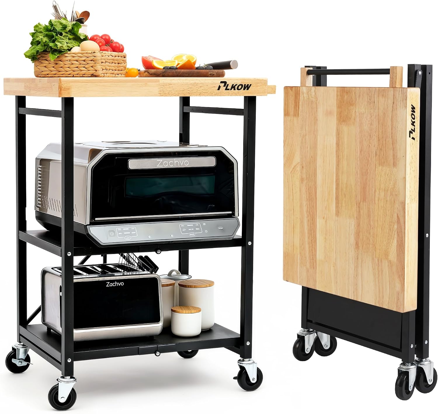 PLKOW Foldable Kitchen Cart with Solild Oak Wood Top, Rolling Kitchen Island on Wheels, 3-Tier Storage Utility Cart for Microwave, Toaster Oven, Small Spaces