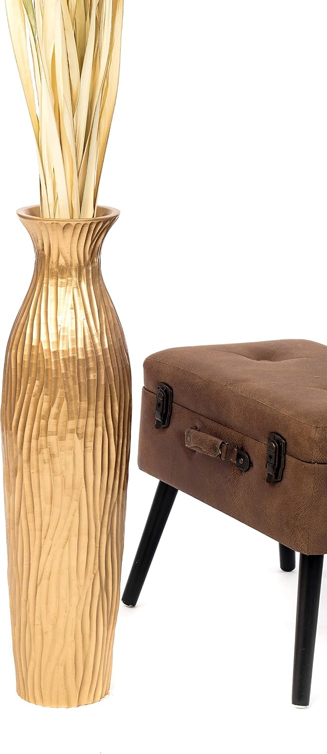 Leewadee Large Gold Home Decor Floor Vase - Wooden 26 inch Tall Farmhouse Decor Flower Holder for Fake Plant and Pampas Grass