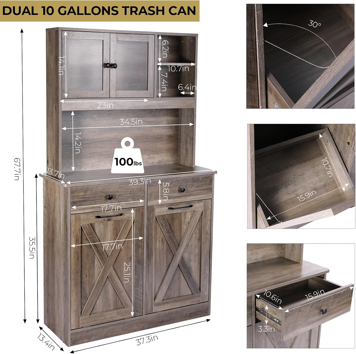 Arlopu Dual Tilt Out Trash&Storage Cabinet, Kitchen Sideboard Cupboard W/Pet Proof 10X2 Gal Hidden Garbage Holder, Freestand Laundry Sort Cabinet, W/Drawer, Shelves,Barn Door (Oak Grey)