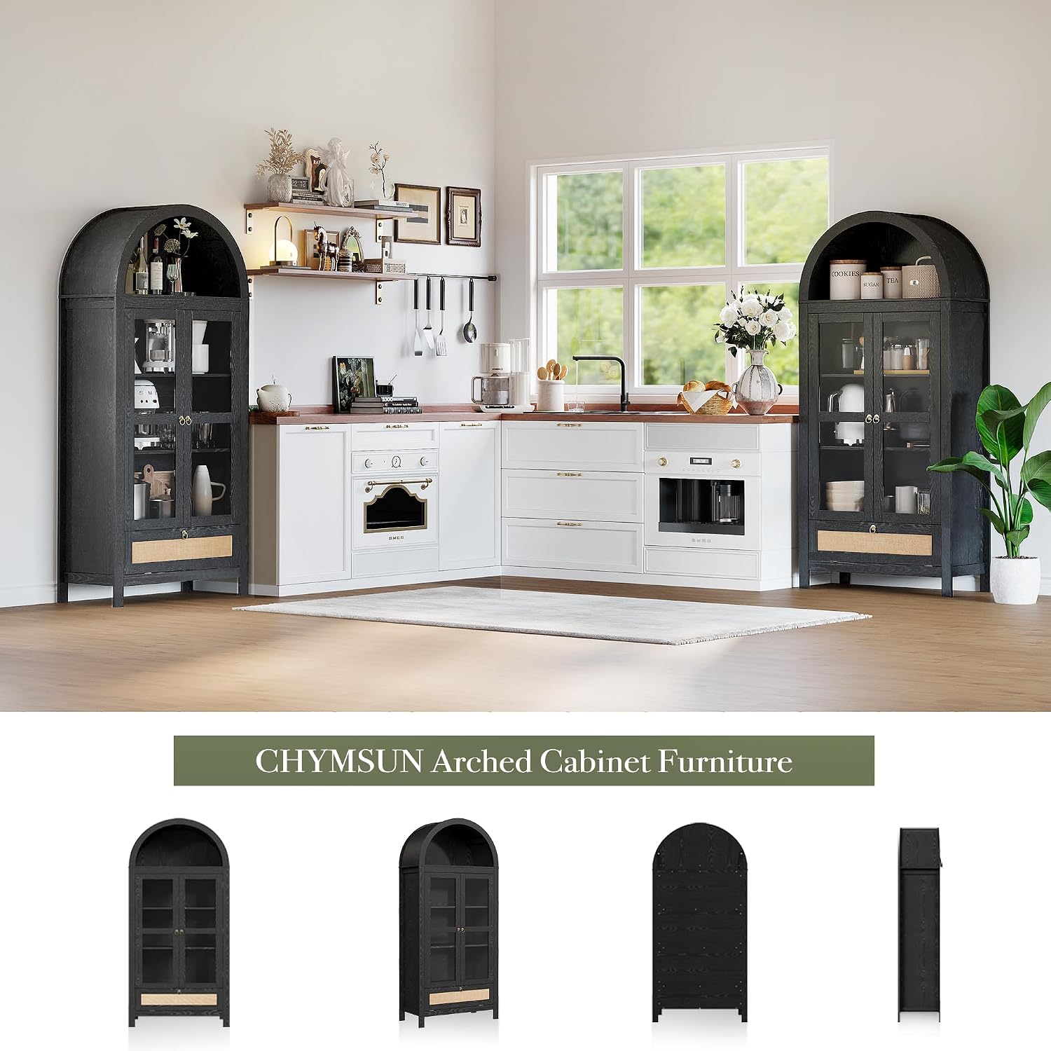 71' Tall Arched Kitchen Pantry Cabinet, Modern Farmhouse Hutch Storage Cabinets with Large Drawer and Glass Doors for Kitchen, Dining Room, Living Room, Black
