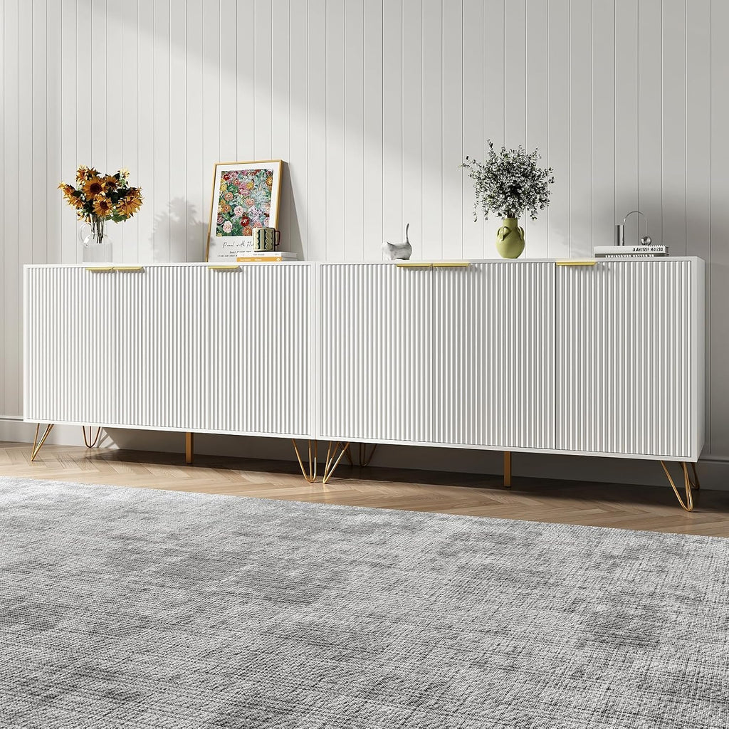 Buffet Cabinet with Storage Set of 2, Storage Cabinet with 3 Doors, Sideboard Coffee Bar Cabinets with Metal Legs and Adjustable Shelf for Kitchen, Dining Room, Living Room, White