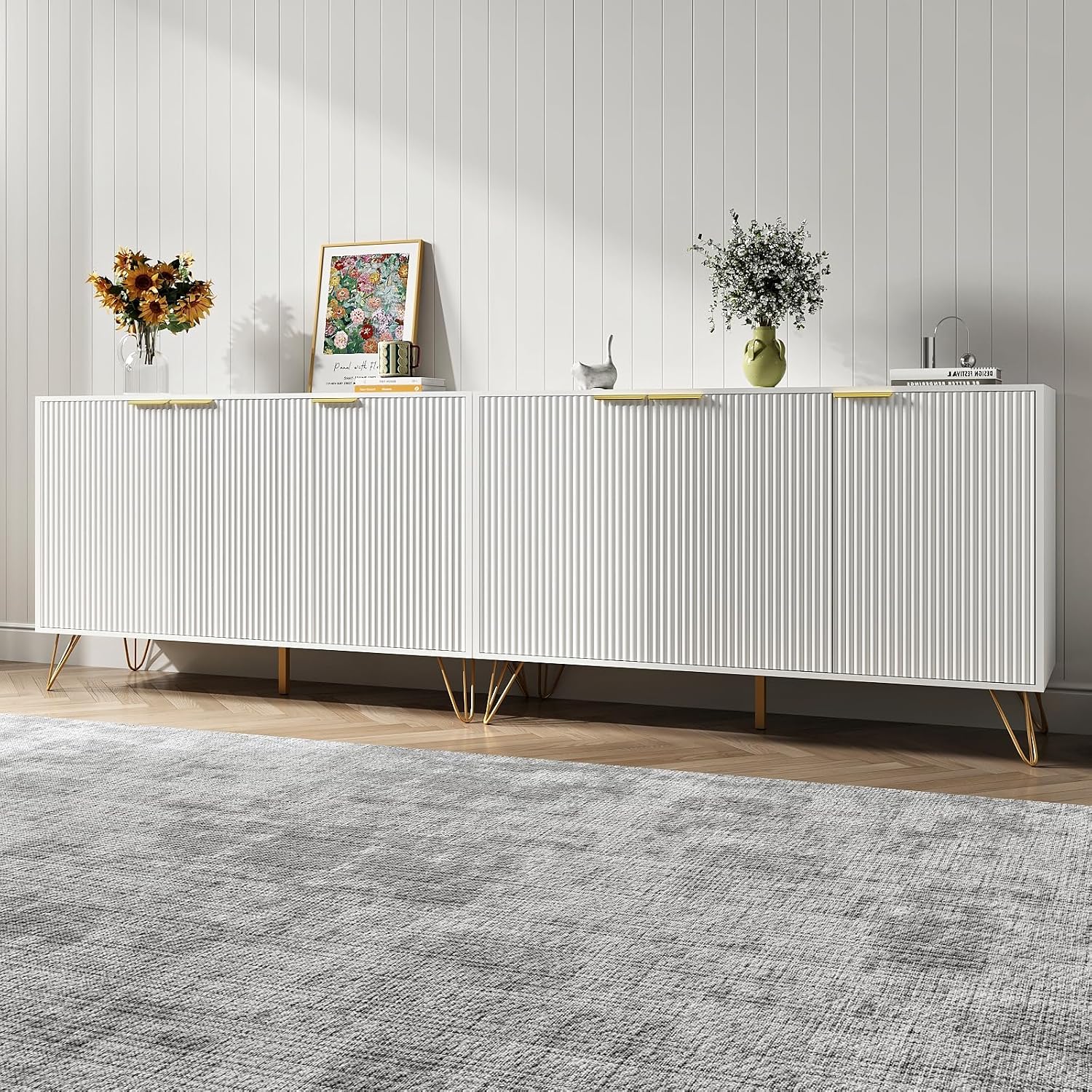 Buffet Cabinet with Storage Set of 2, Storage Cabinet with 3 Doors, Sideboard Coffee Bar Cabinets with Metal Legs and Adjustable Shelf for Kitchen, Dining Room, Living Room, White