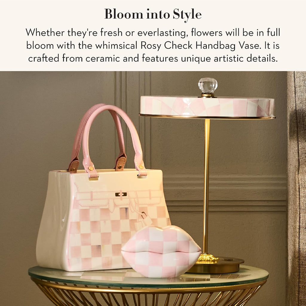 MACKENZIE-CHILDS Ceramic Handbag Vase, Unique Flower-Vase Decor, Pink-and-White Rosy Check Doodles