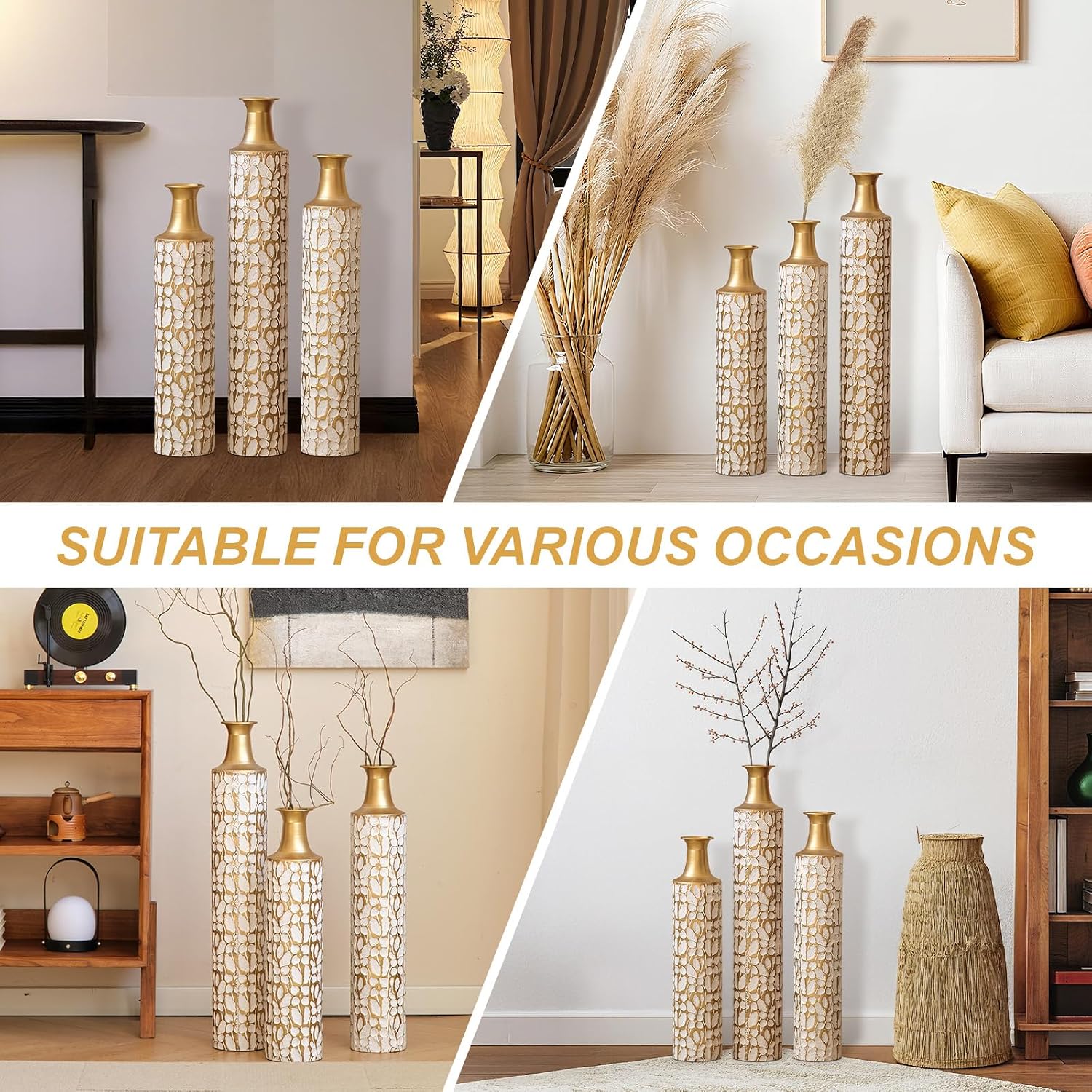 Floor Vases Decorative Tall - 24/28/32.3in Metal Extra Large Decorative Vase Set of 3, White & Gold Tall Floor Vase for Home Decor, Living Room Entryway Decor Dining Bedroom Home Corner Indoor Office