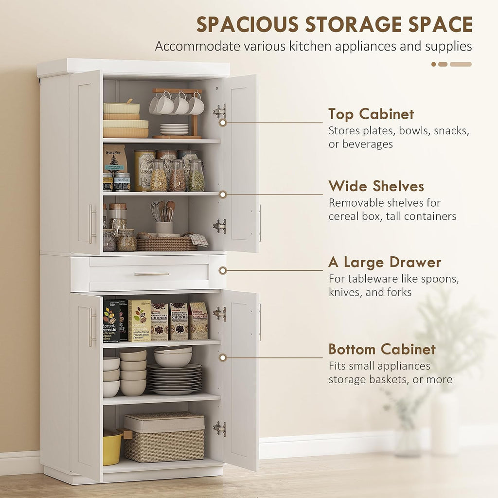 HOMCOM 72' Kitchen Pantry Cabinet, Freestanding Tall Storage Cabinet with 4 Doors, Drawer and 3 Adjustable Shelves for Dining Room, White