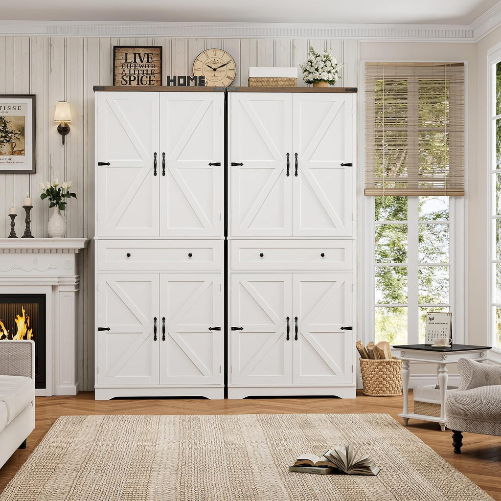 HOSTACK 71' Tall Pantry Cabinet, Farmhouse Kitchen Pantry with Storage Shelves, Barn Doors Food Storage Cabinet, Freestanding Kitchen Hutch with Large Drawer for Living Room, White + Rustic Brown