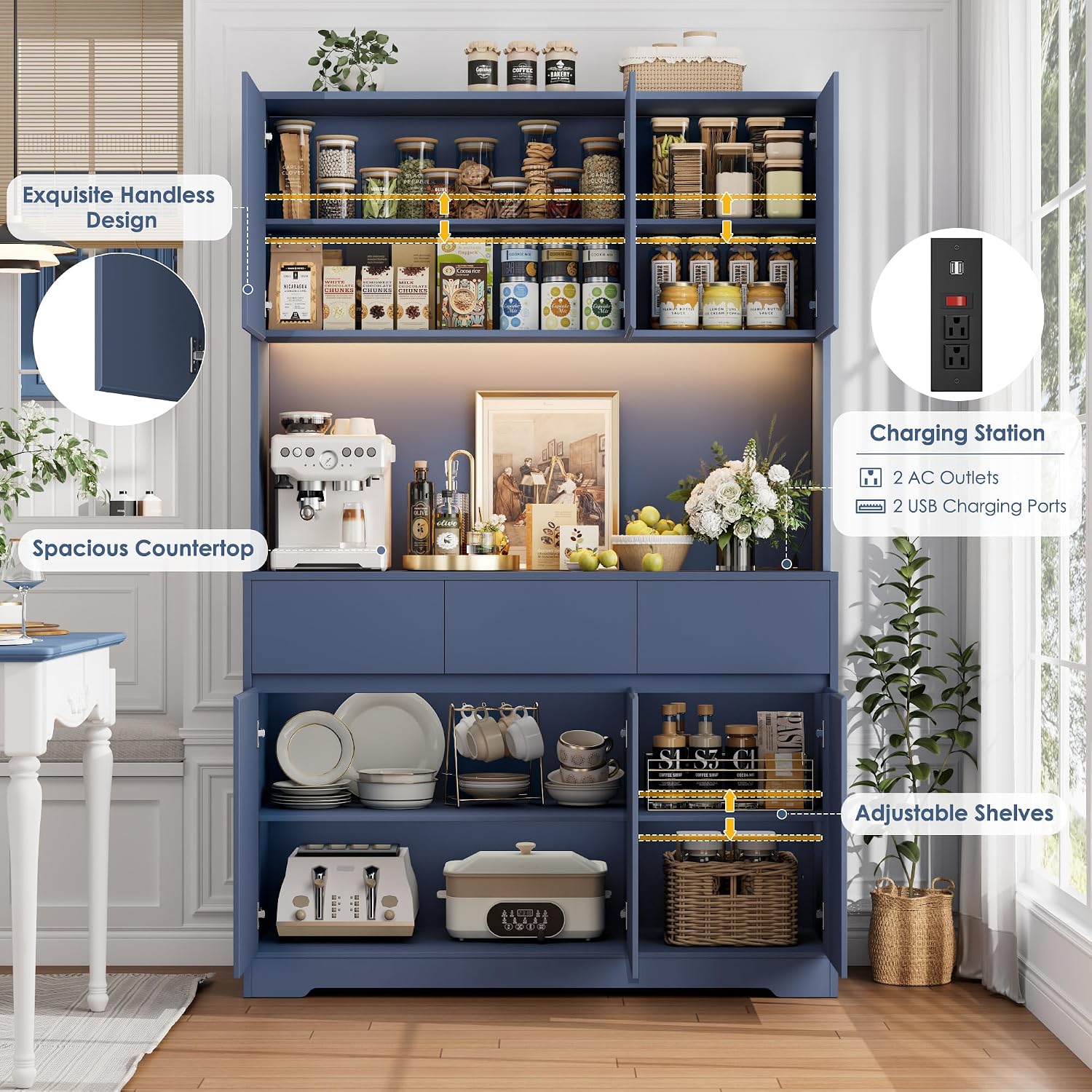 FINETONES 71' Pantry Cabinet with Power Outlets and Led Lights, Large Kitchen Hutch Storage with Microwave Stand, Tall Pantry Kitchen Cabinet with Cupboard, Blue