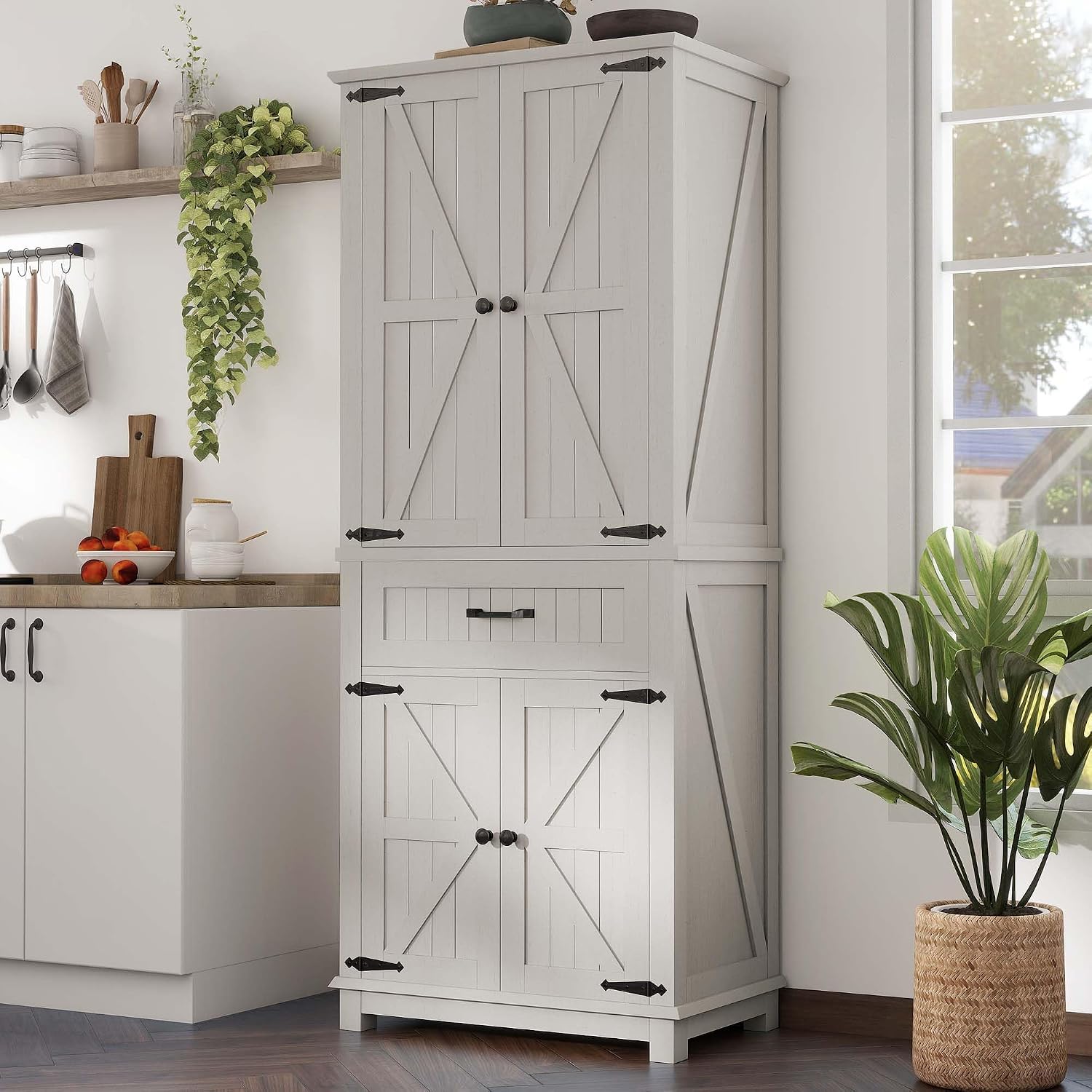 DWVO 72' Tall Farmhouse Pantry Cabinet, Kitchen Storage Pantry with Barn Doors & Drawer, Versatile Organizer with Adjustable Shelves, Rustic Cupboard for Dining Room, Living Room, White Oak