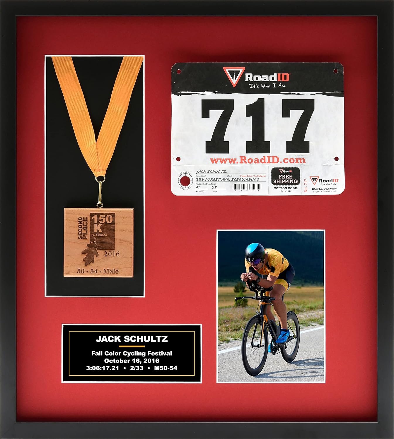 Runners/Sports Pro Display Frame for Medal Award, Racing Bib/Other, Photo & Printed Graphic Info Insert for Marathon Event, 10K, 5K, Triathlon, Biking, Swimming & Other Sport, Academic, Artistic, etc. Achievements (Red Mat)