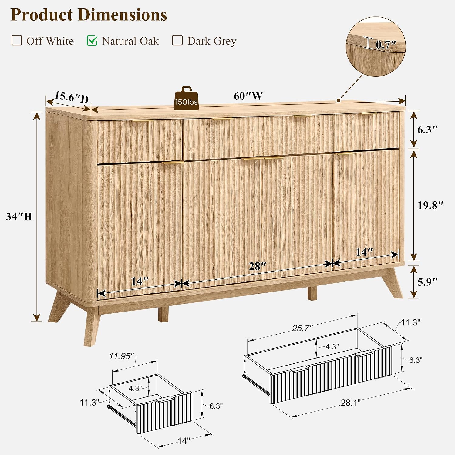 OKD Fluted Storage Cabinet with Drawers, 60' Morden Buffet Sideboard Coffee Bar Cabinet with 4 Doors and 3 Drawers for Dining Room, Living Room,Hallway (Natural Oak)