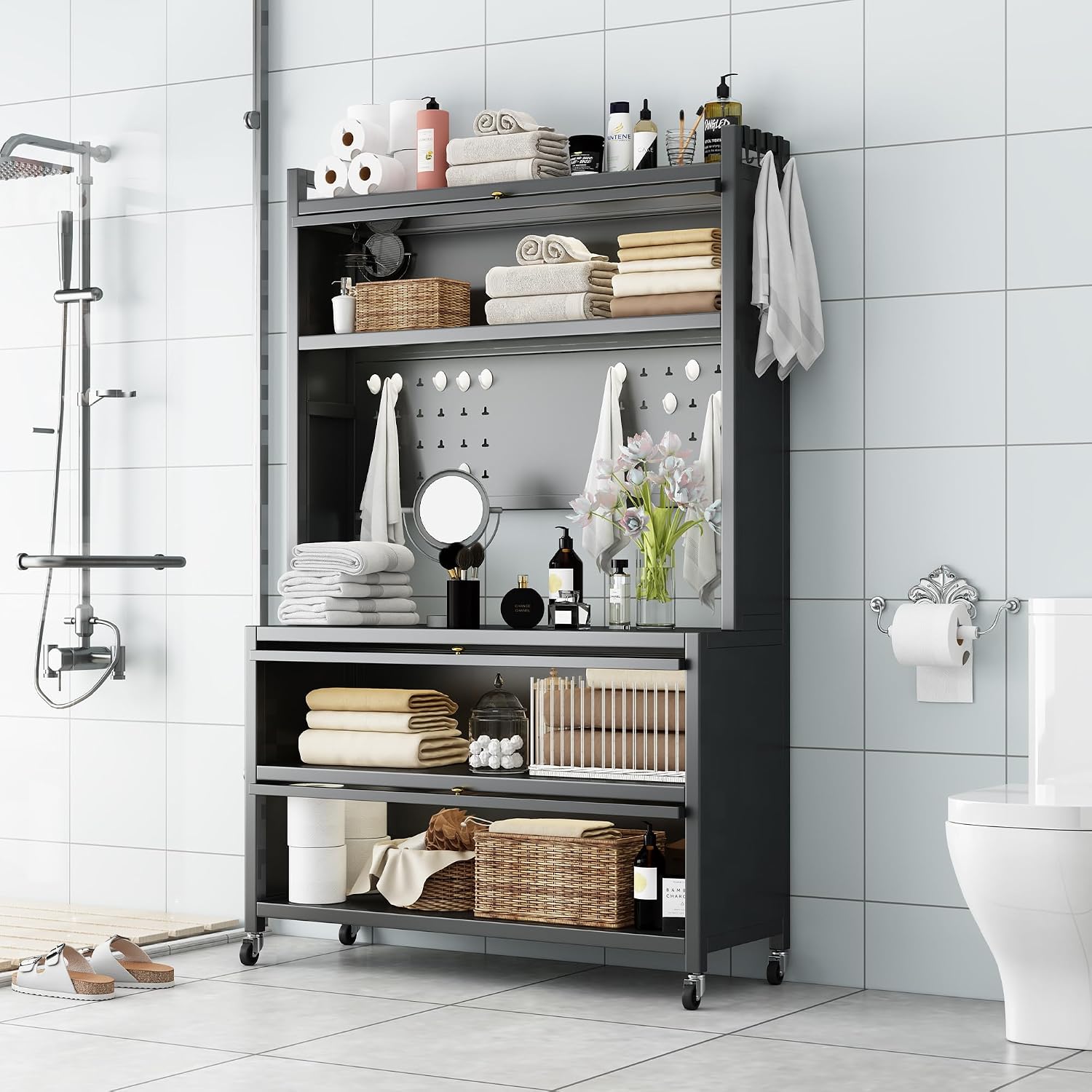65'' Tall Kitchen Bakers Rack with Flip Door Cabinet, 5 Tier Multifunctional Microwave Stand Buffet, Coffee Bar, Quick Assembly, Gray