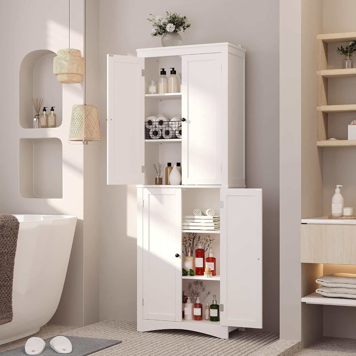 Gizoon Tall Bathroom Storage Cabinet with Adjustable Shelves, 67' H Freestanding Storage Unit with 4 Magnetic Doors, Kitchen Pantry Cabinet for Dining Room, Living Room, White