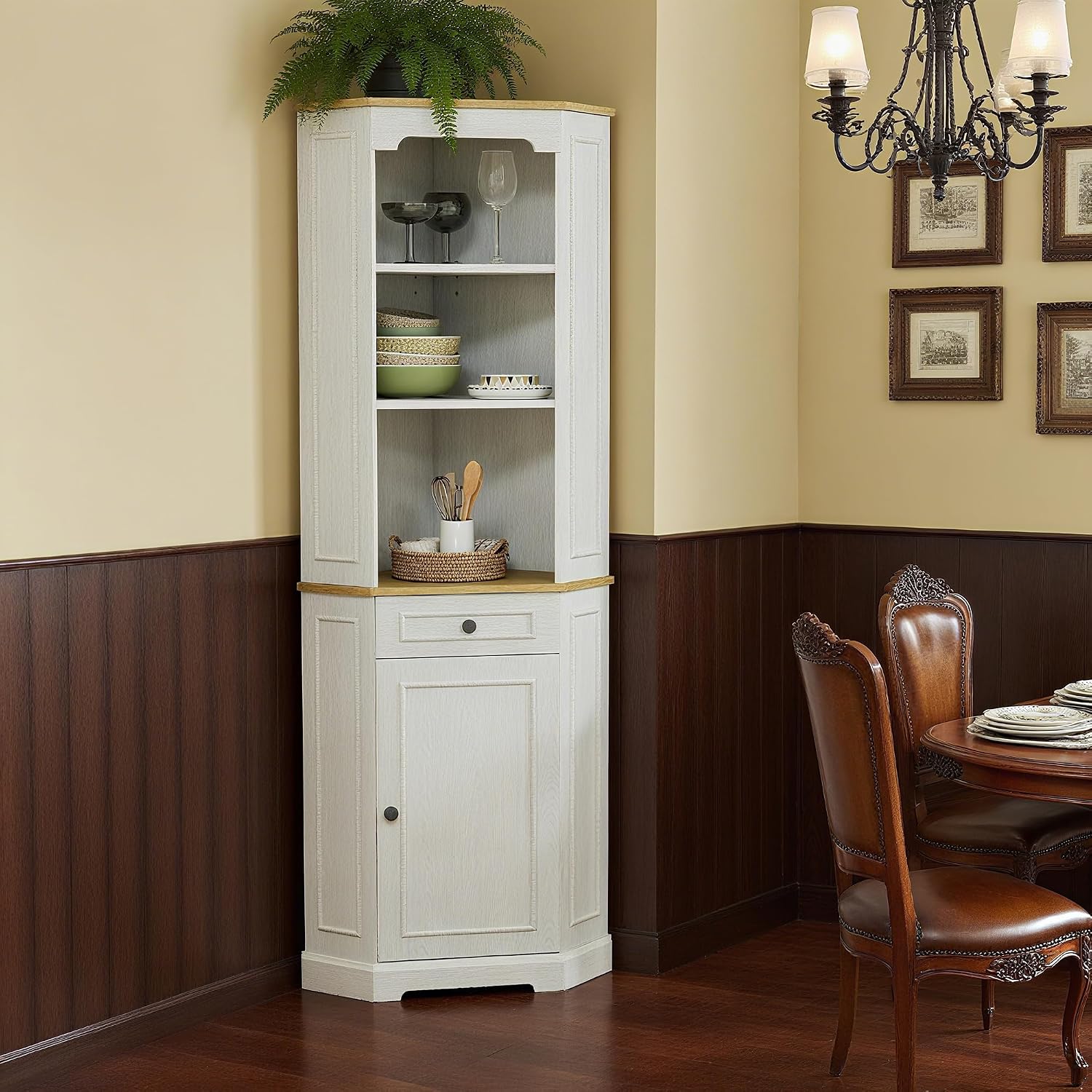 RASOO 68.11' Farmhouse Corner Cabinet, Tall Five-Sided Pentagonal for Kitchen，3-Tiers Open Shelf and one Drawer and Door Corner Storage Hutch Cabinet for Living Room, Bathroom and Dining Room