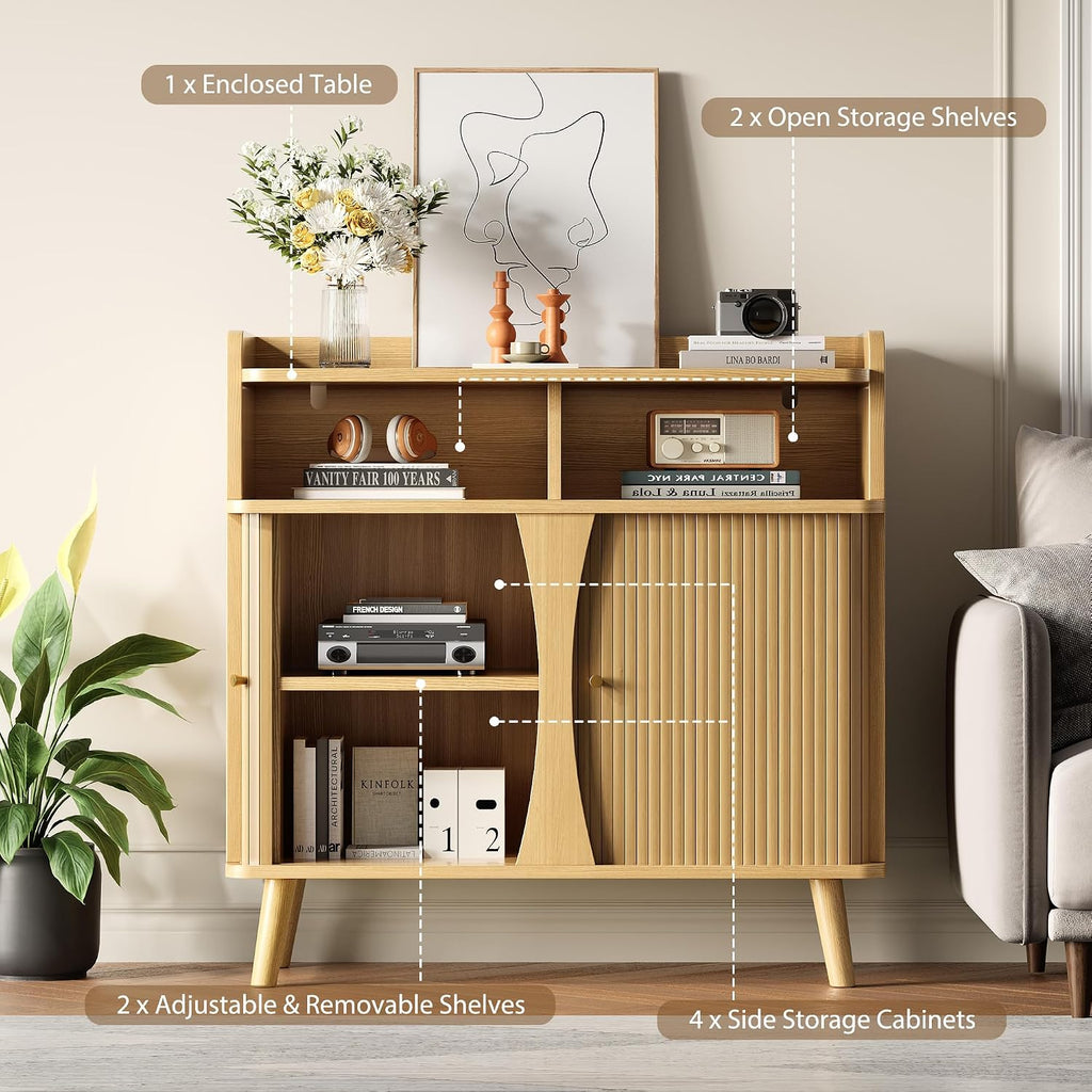 Decofy 39' Buffet Sideboard Cabinet, Mid Century Modern Console Cabinet with Roller Shutter Sliding Doors & Adjustable Shelves for Kitchen Cabinets, Living Room, Entryway, Coffee Bar Cabinet (Oak)