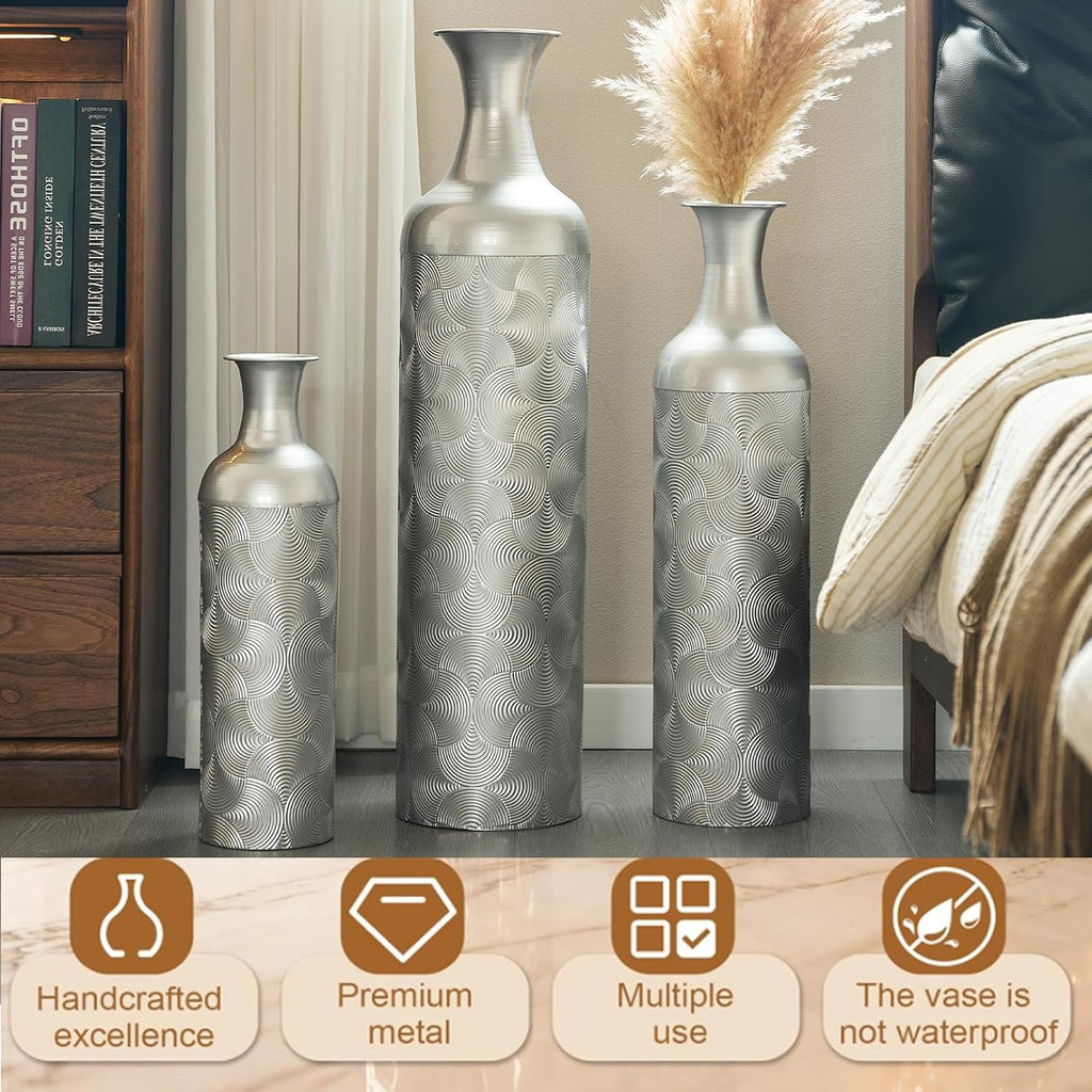 Tall Silver Floor Vase Set of 3, Modern Metal Standing Vases for Living Room Decor, Tall Cylinder Flower Vases with Wave Pattern for Home, Office Decorative Vase Set (32.68, 25.98, 19.69 Inch)