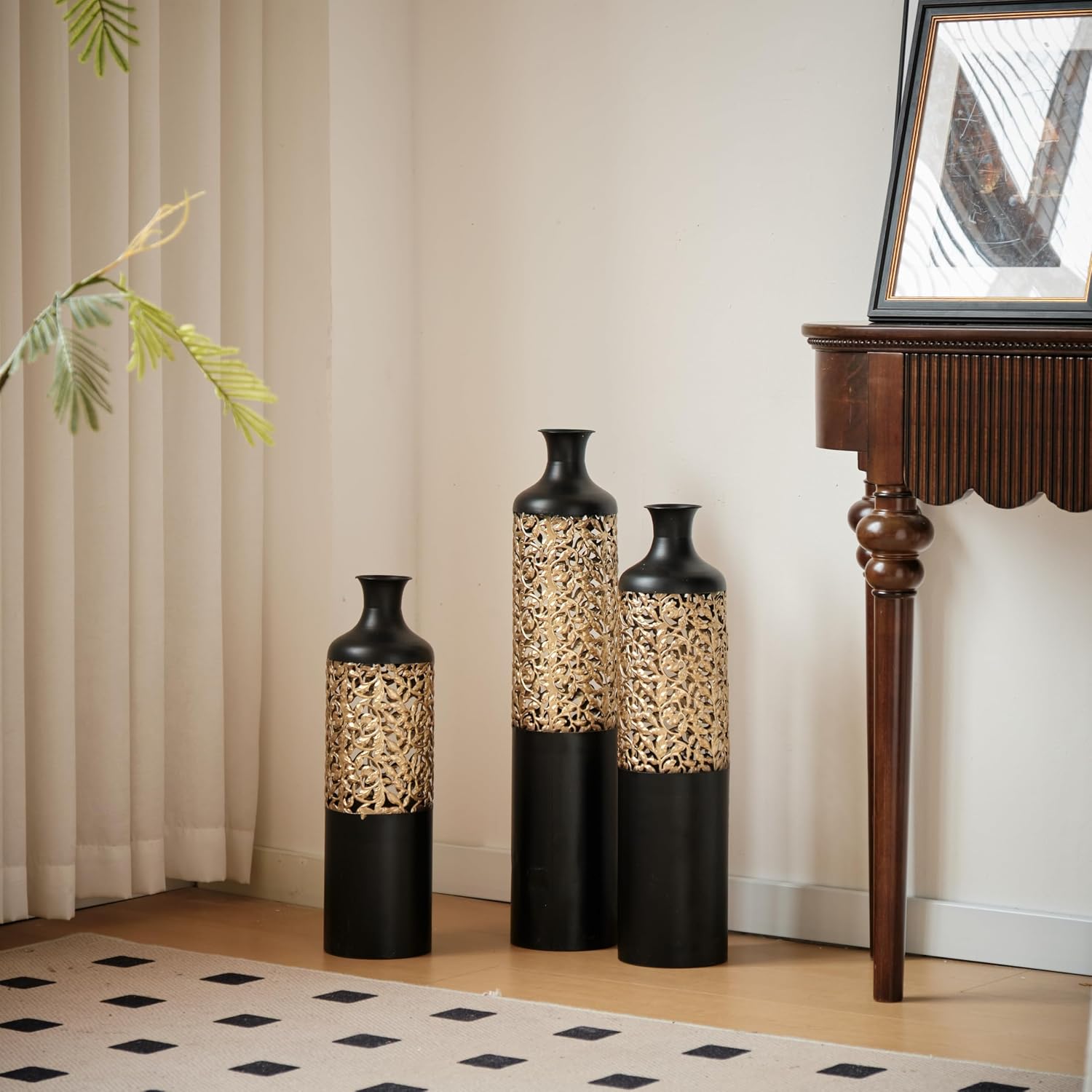 Floor Vases Decorative Tall - 20.8/24.8/28.7 in Metal Cylinder Vases Extra Large Decorative Vase Set of 3 Living Room Modern Big Standing Decor for Dining Bedroom Home Corner Indoor