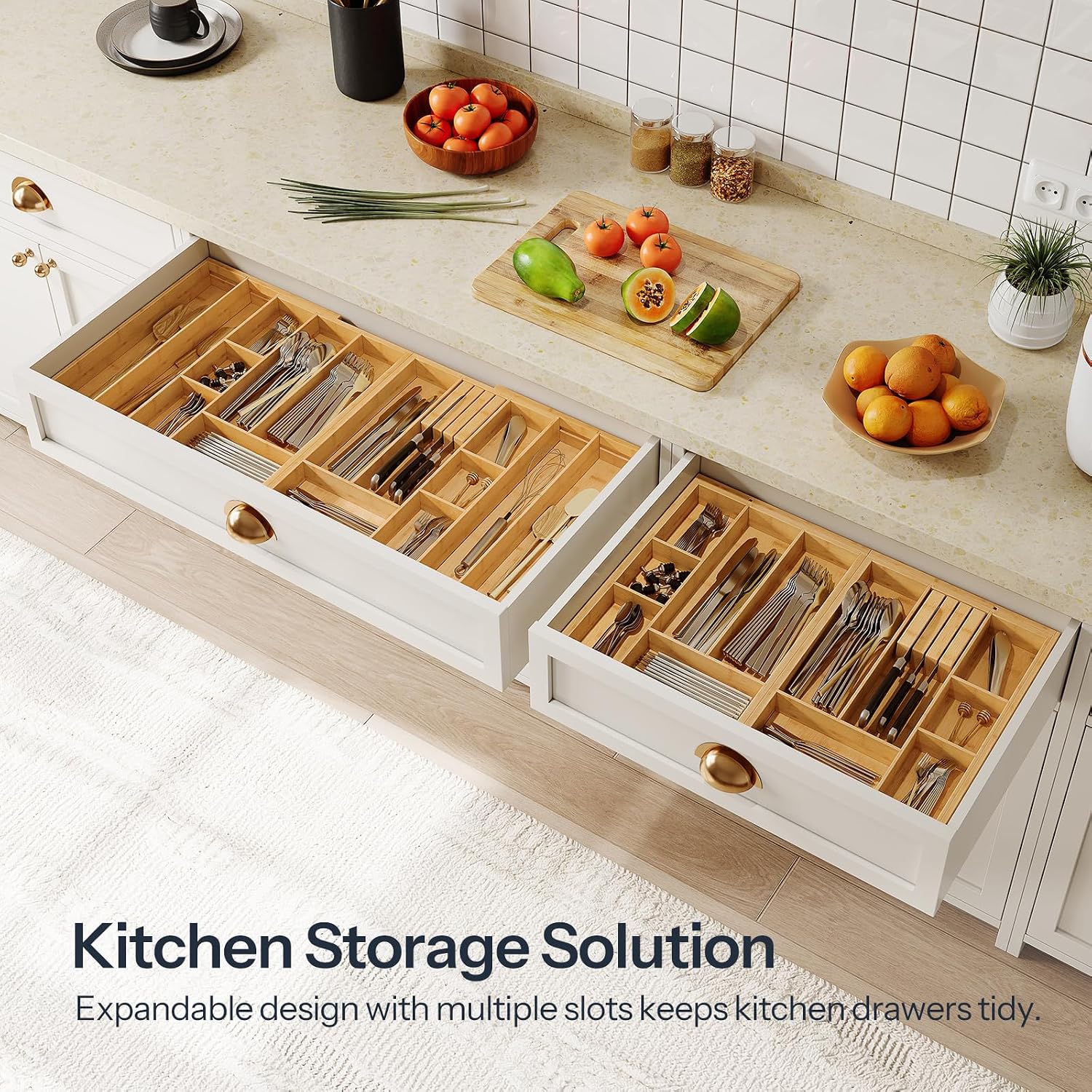 HOOBRO Kitchen Island and Drawer Organizer Bundle, Kitchen Storage Island with Spice Rack and Drawer, Rolling Kitchen Cart on Wheels, for Home, Kitchen and Dining Room,