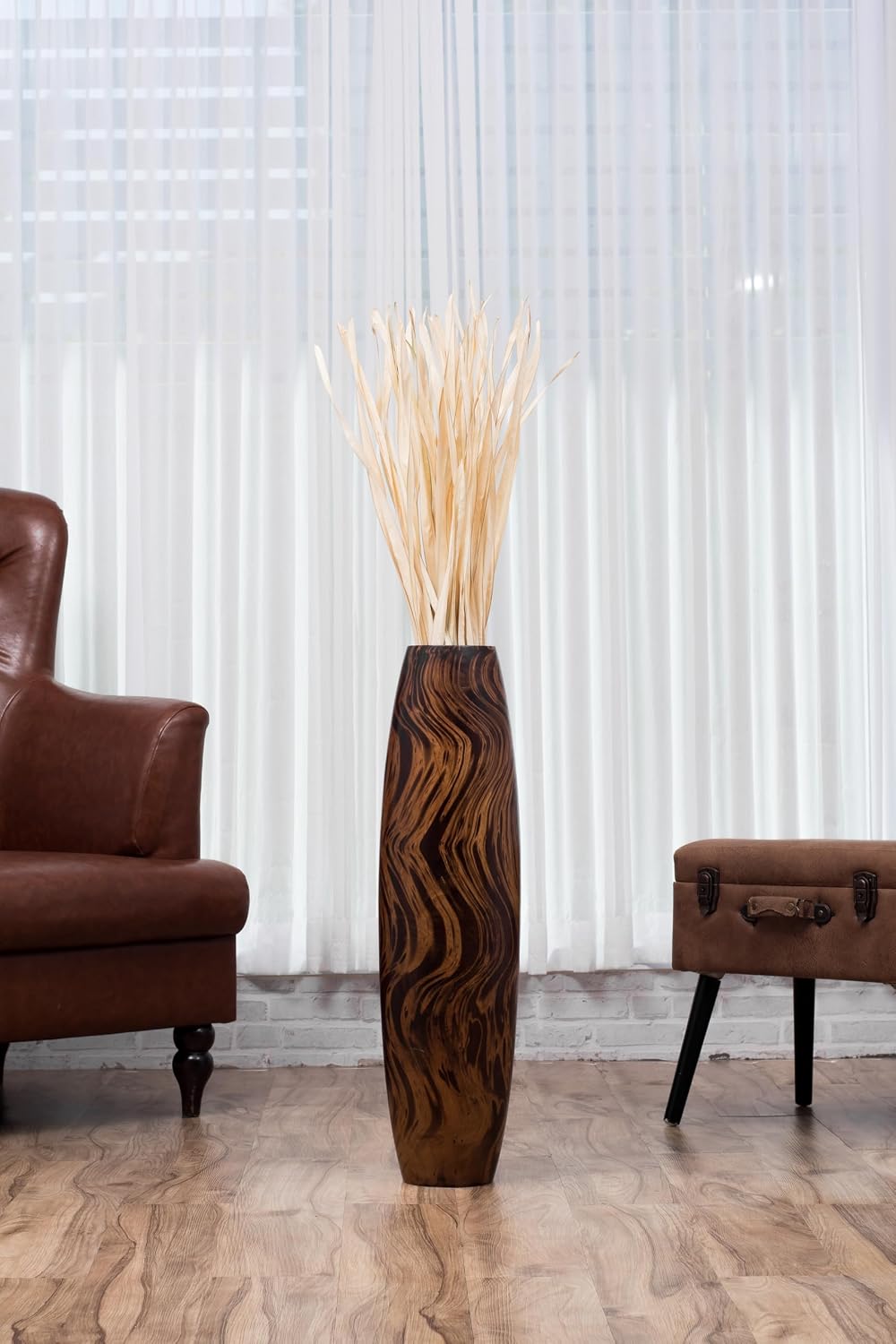 Leewadee Large Brown Home Decor Floor Vase - Wooden 26 inch Tall Farmhouse Decor Flower Holder for Fake Plant and Pampas Grass