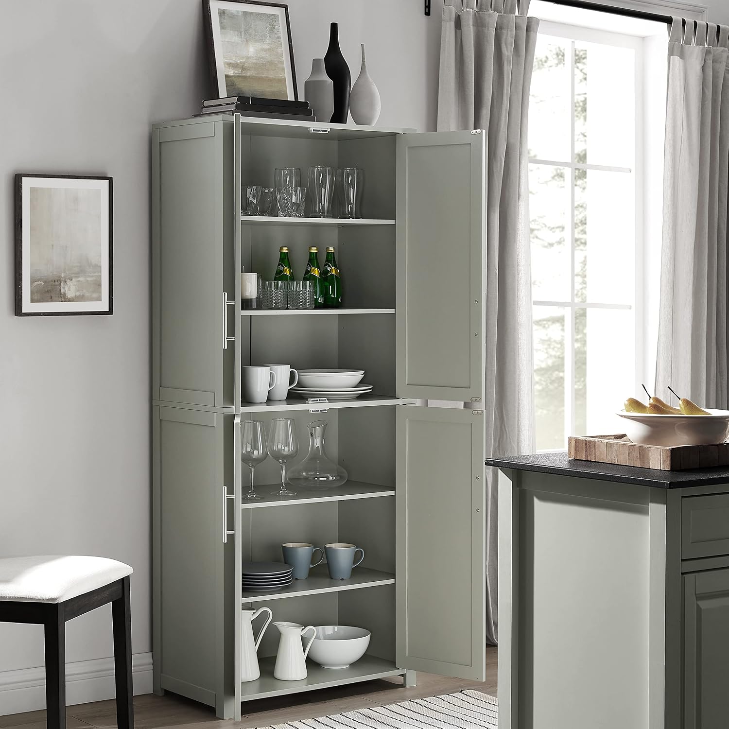 Crosley Furniture Savannah Tall Pantry Storage Cabinet with Shelves, Kitchen, Dining, or Laundry Room, Gray