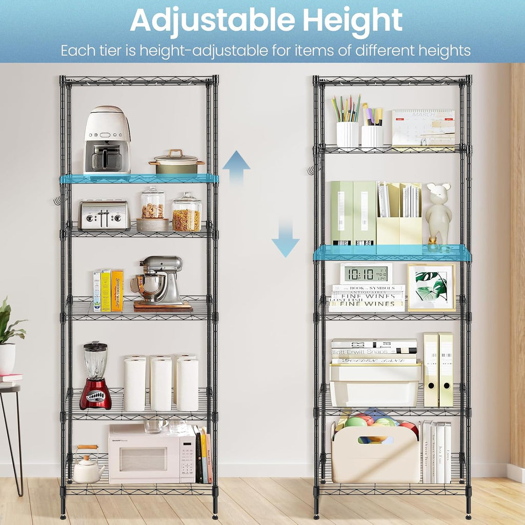 Himimi 6 Tier Storage Shelf Wire Shelving Unit Adjustable Rack Free Standing Organization with Leveling Feet, Stainless Side Hooks for Laundry Bathroom Kitchen Pantry Closet,2-Pack Shelves,Black