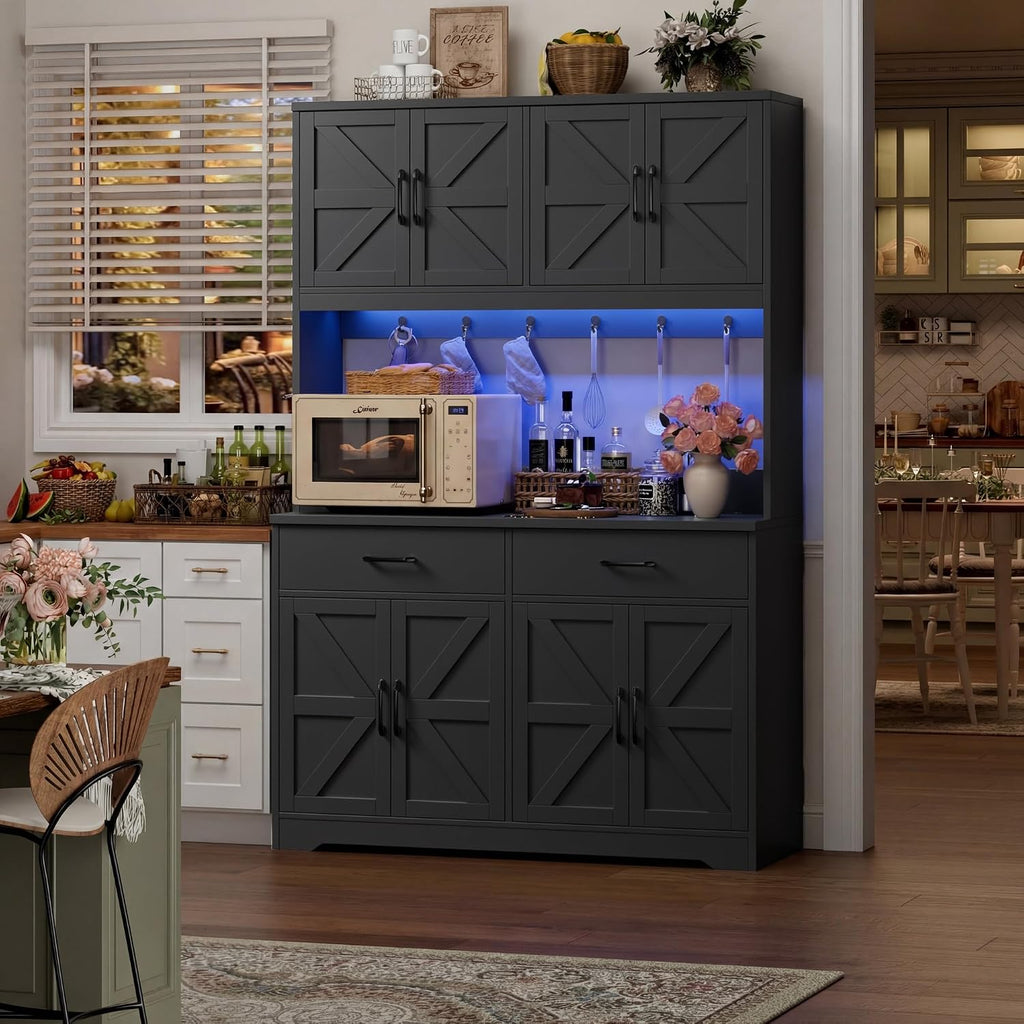 HIFIT 71' Tall Kitchen Pantry Cabinet with RGB LED and Charging Station, Farmhouse Coffee Bar Cabinet with Large Countertop and 6 Hooks, Kitchen Hutch Storage Cabinet, Black