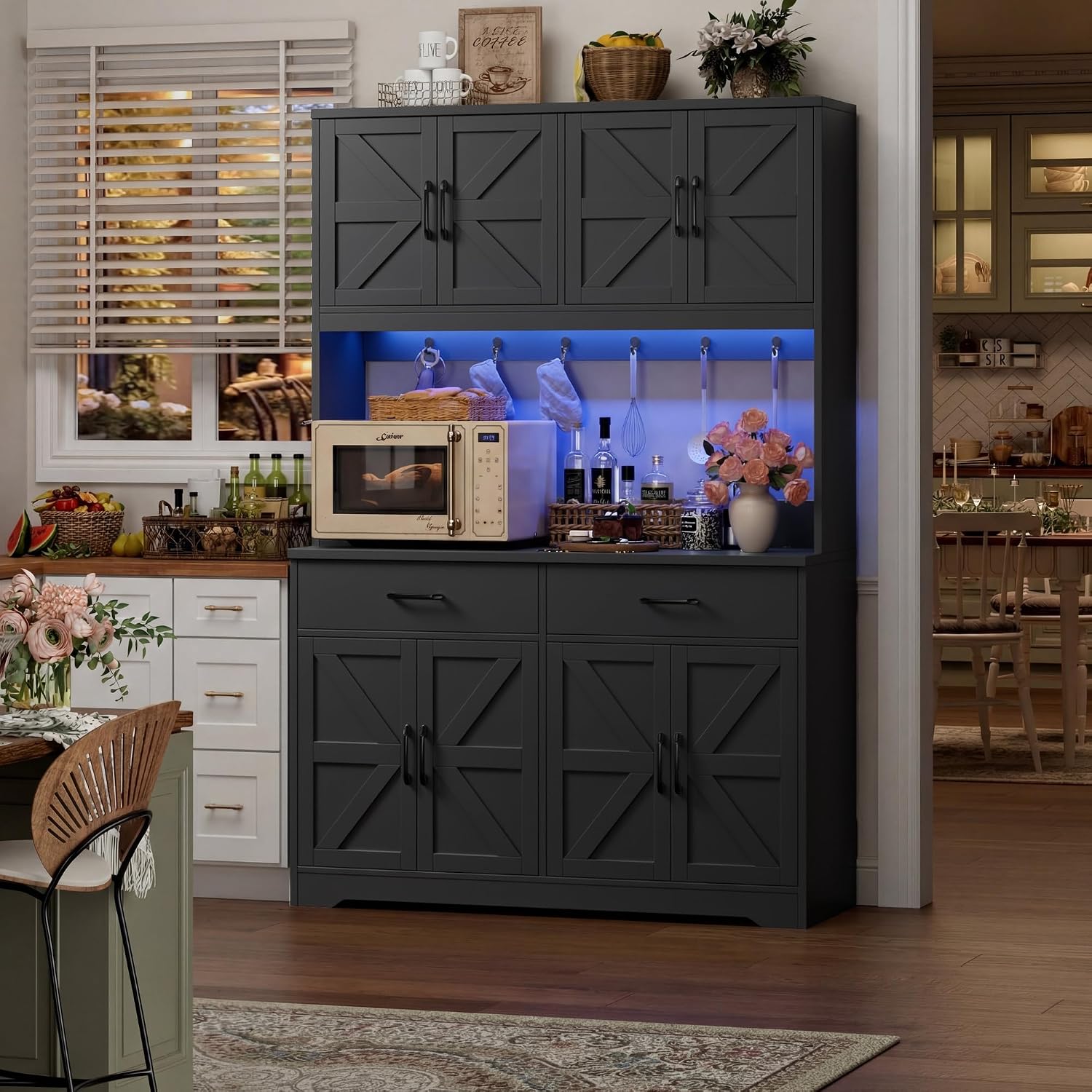 HIFIT 71' Tall Kitchen Pantry Cabinet with RGB LED and Charging Station, Farmhouse Coffee Bar Cabinet with Large Countertop and 6 Hooks, Kitchen Hutch Storage Cabinet, Black