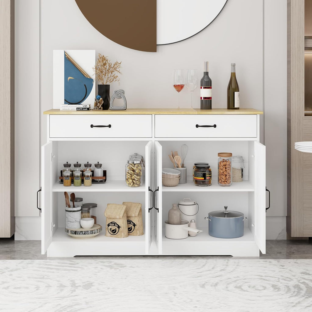 48' Farmhouse Freestanding Storage Cabinet, Kitchen Storage Bakers Rack with Drawers, Utility Food Cupboard for Home, White