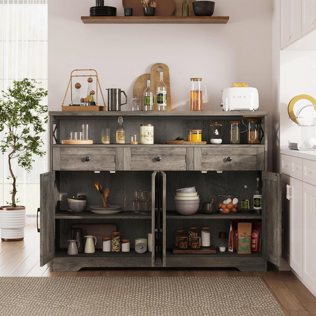 FiveWillowise 51' Farmhouse Buffet Sideboard with Storage, Kitchen Pantry Cabinet with Storage Drawers, Wood Cupboard Hutch, Coffee Bar Station Table for Kitchen, Living Room, Dining Room, Grey