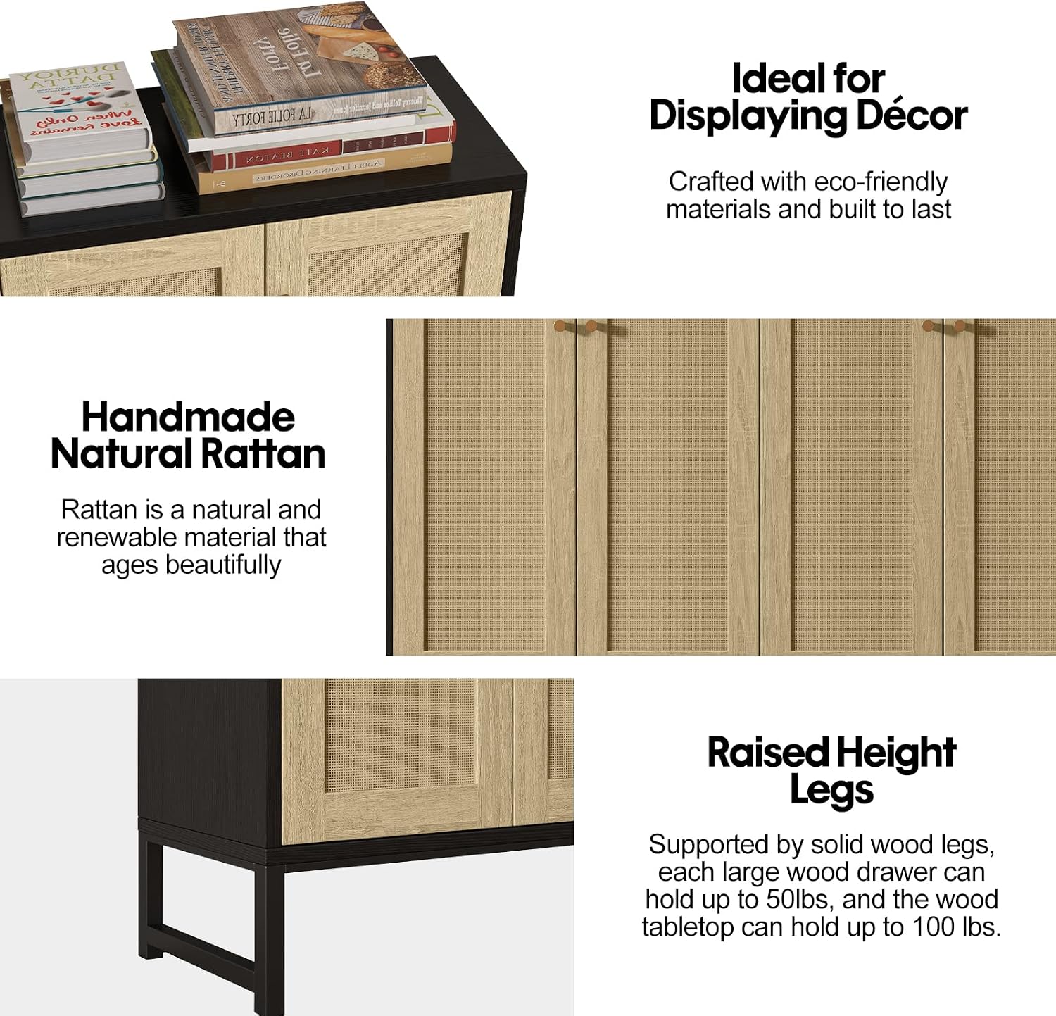 Panana Sideboard Accent Storage Cabinet with Rattan Decorated 4 Doors Dining Room Freestanding Kitchen Buffet Table Cupboard (Black)