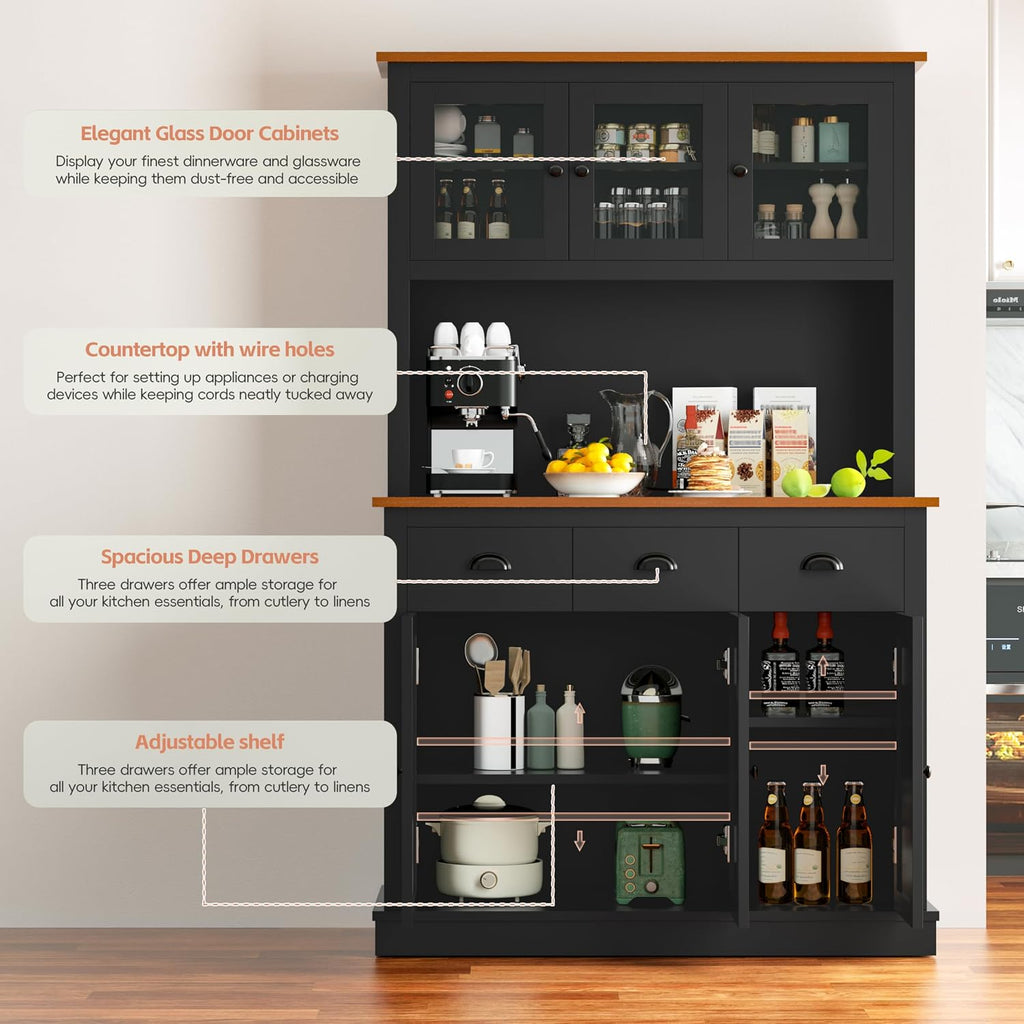 MU 71' Kitchen Pantry Cabinet with Charging Station, Tall Pantry Hutch with Drawers, Countertop & Microwave Shelf, Food Storage Cabinet for Dining Room & Coffee Bar, Black