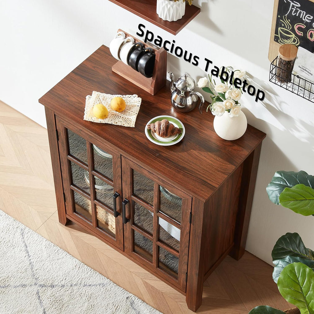 Joaxswe Large Sideboard Buffet Cabinet with Storage, 32' Farmhouse Brown Kitchen Coffee Wine Bar Cabinet with 2 Glass Doors, Wood Mid Century Modern Side Board Table for Dining Room, Living Room