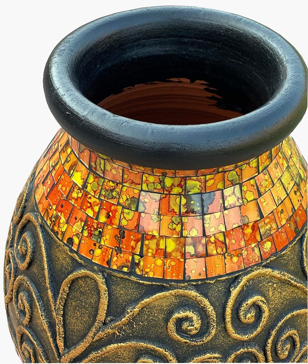 Floor Vase – Tall Cylinder Made of Terracotta with Red, Orange, Yellow, and Black Glass Mosaic Pieces – Exquisite Home Décor Accent Piece (18 x 10 Inches)