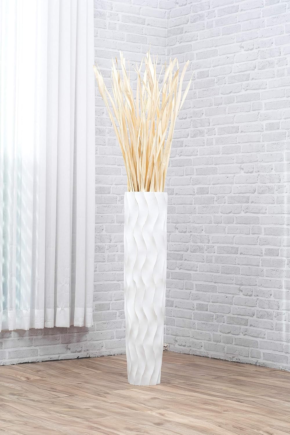 Leewadee Large White Wash Home Decor Floor Vase – Wooden 36 inches Tall Farmhouse Decor Flower Holder for Fake Plant and Pampas Grass