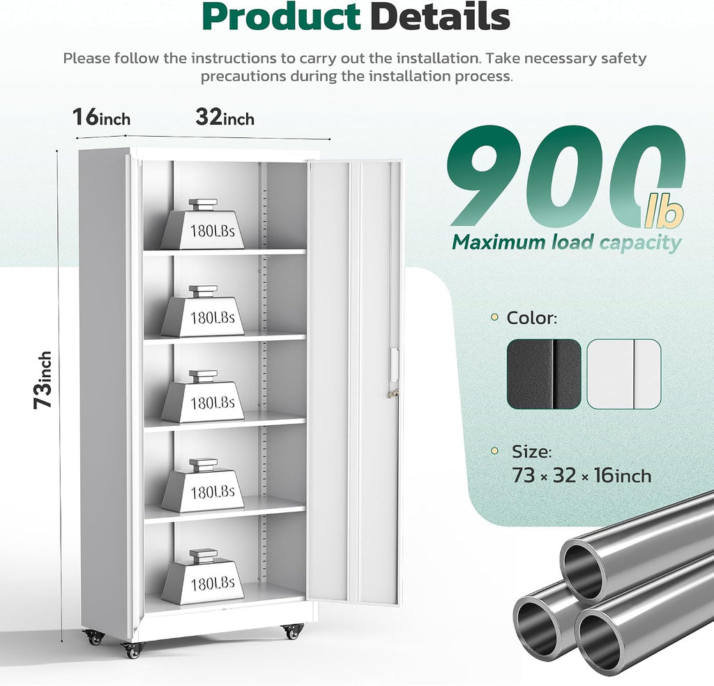Greenvelly 73' Rolling Storage Cabinet,White Metal Garage Cabinet with Locking Doors and 4 Adjustable Shelves for Home,Kitchen,Office,Warehouse(32' W x 16' D,Wheels)