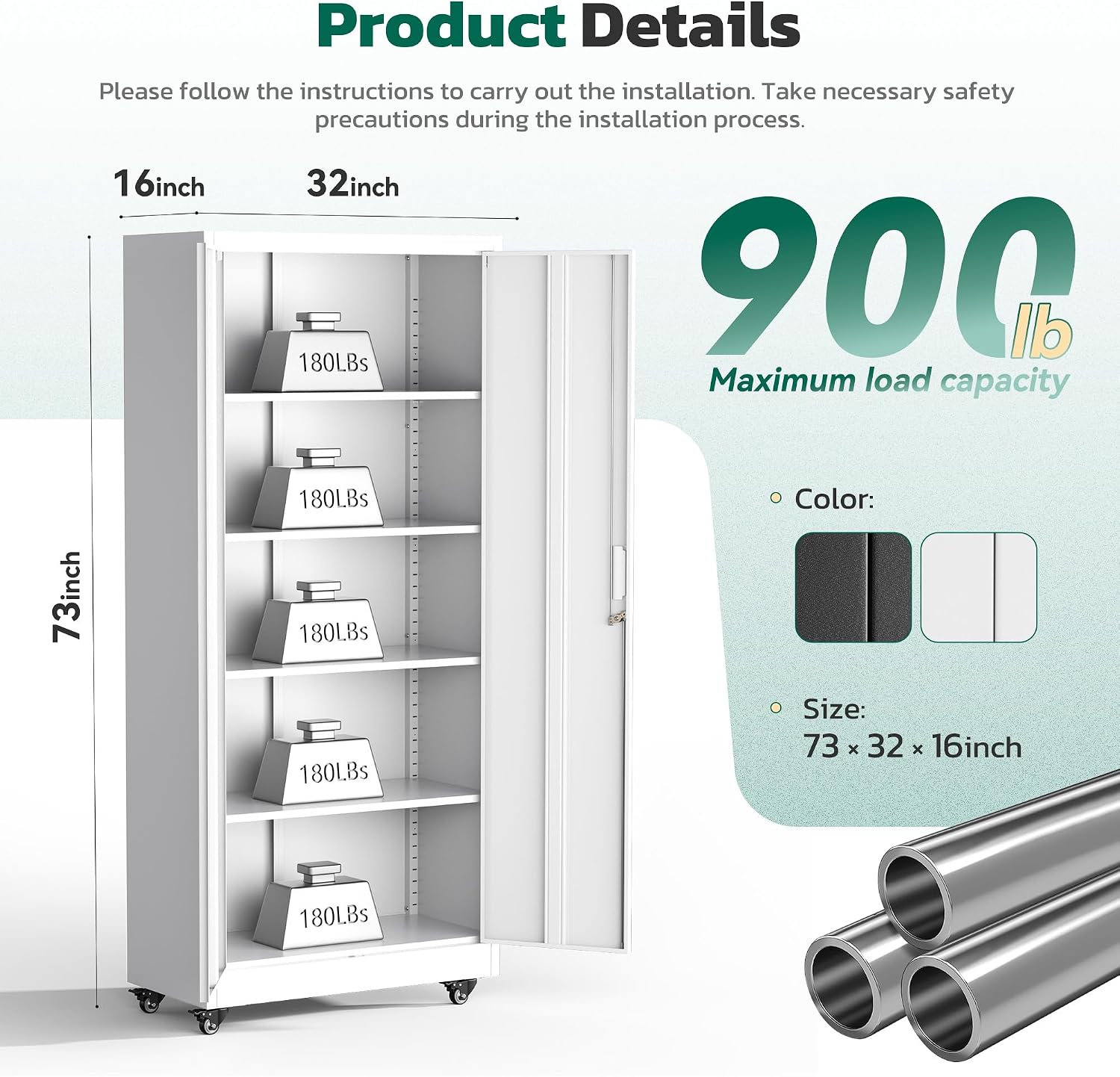 Greenvelly 73' Rolling Storage Cabinet,White Metal Garage Cabinet with Locking Doors and 4 Adjustable Shelves for Home,Kitchen,Office,Warehouse(32' W x 16' D,Wheels)