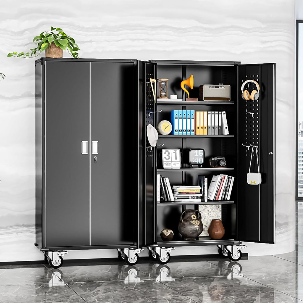 INTERGREAT Rolling Metal Cabinet with Wheels, 72' Locking Storage Cabinet with Adjustable Shelves, Large Capacity Pulley Cabinets for Home Office, School, Warehouse(Black)