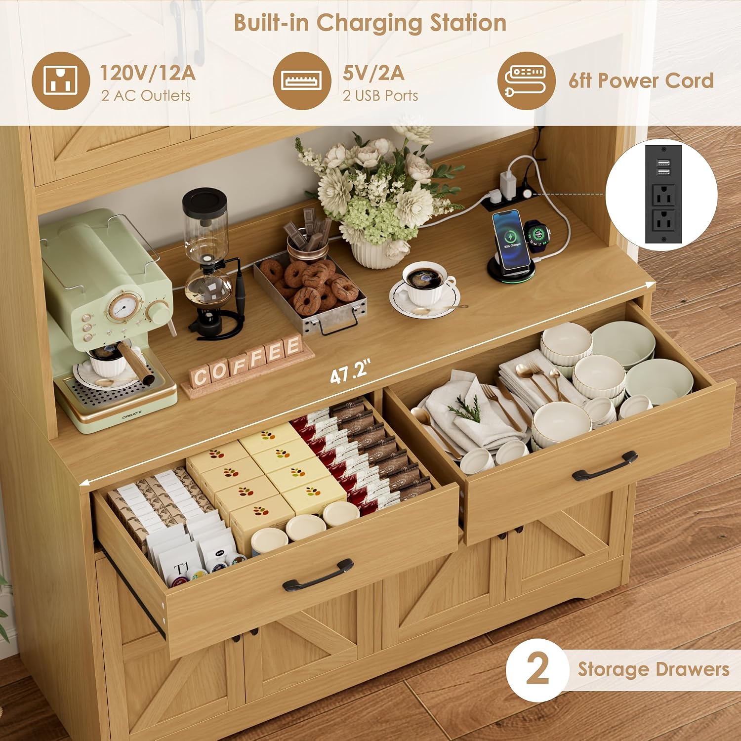 HIFIT 71' Tall Kitchen Pantry Cabinet with RGB LED and Charging Station, Farmhouse Coffee Bar Cabinet with Large Countertop and 6 Hooks, Kitchen Hutch Storage Cabinet, Natural