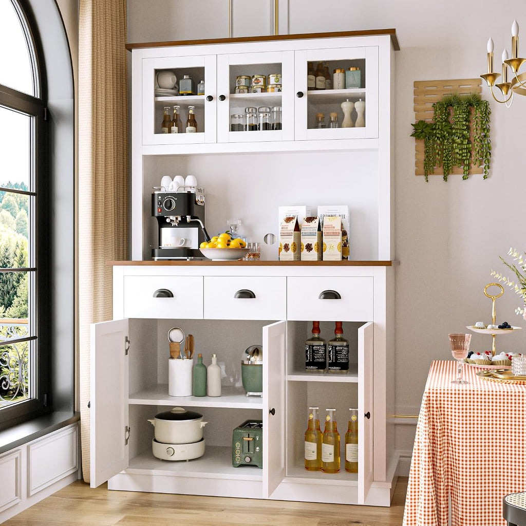 MU 71' Kitchen Pantry Cabinet with Charging Station, Tall Pantry Hutch with Drawers, Countertop & Microwave Shelf, Food Storage Cabinet for Dining Room & Coffee Bar, White