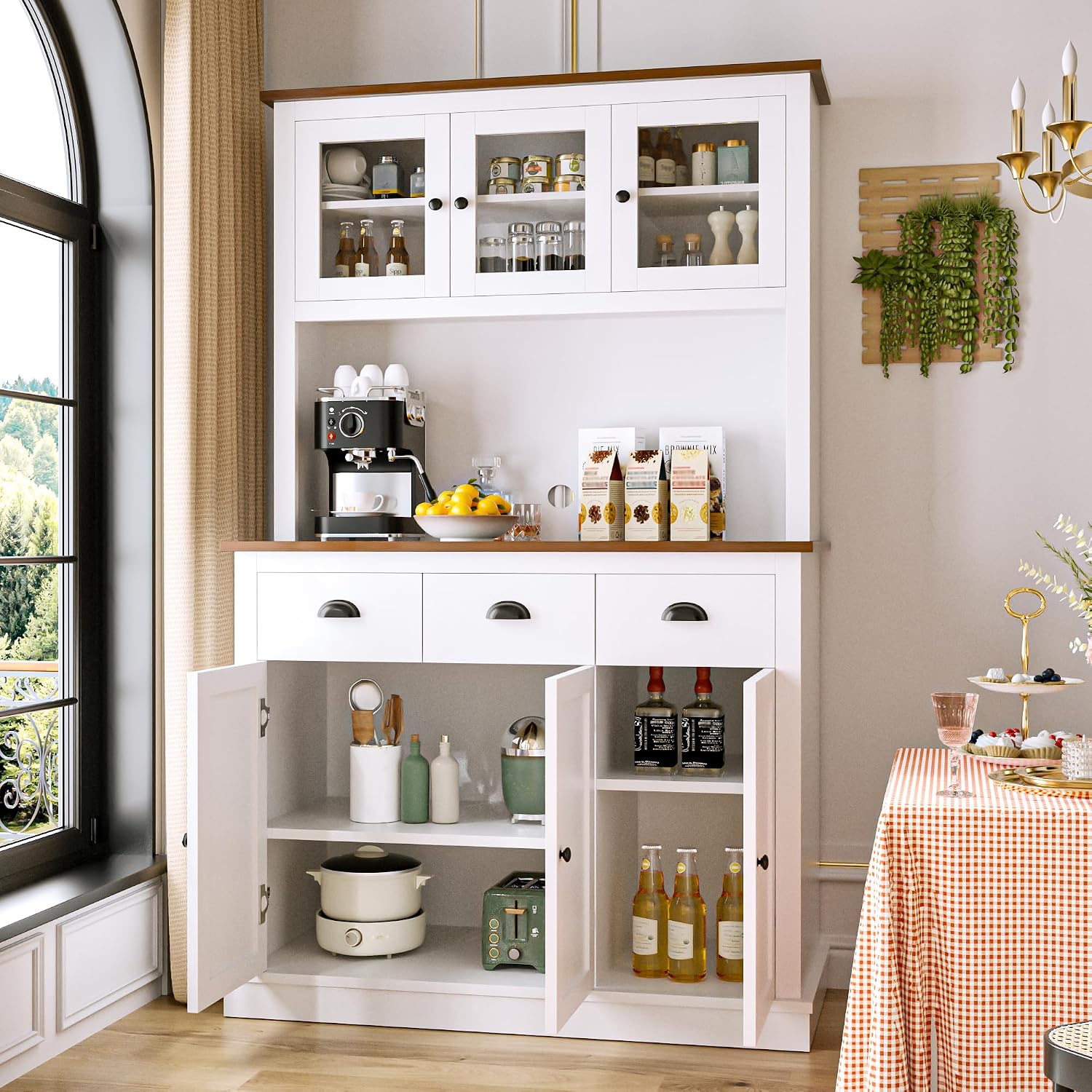 MU 71' Kitchen Pantry Cabinet with Charging Station, Tall Pantry Hutch with Drawers, Countertop & Microwave Shelf, Food Storage Cabinet for Dining Room & Coffee Bar, White