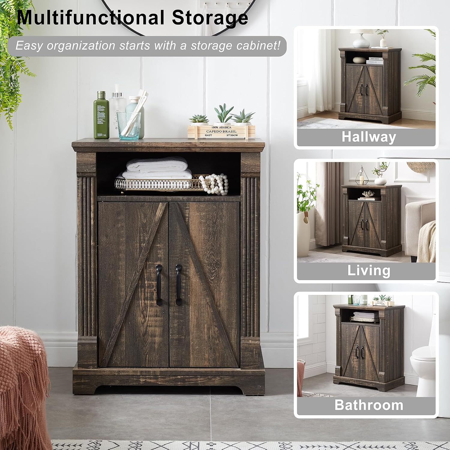 24' Farmhouse Storage Cabinet with Barn Doors, Dark Rustic Oak Freestanding Sideboard Buffet with Adjustable Shelf, Pantry Hutch Coffee Bar for Kitchen Bathroom Living Room - Small Floor Cabinet
